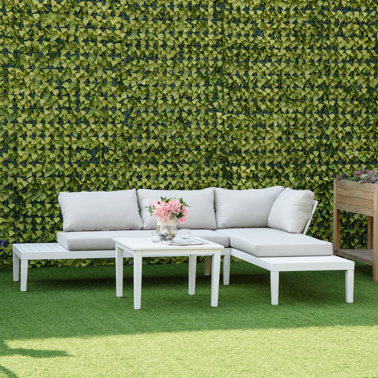 Outsunny 3-teiliges Gartenmöbel-Set mit Beistelltisch Balkonmöbel Set Sofa mit Kissen L-Form Outdoor Aluminium Cremeweiß