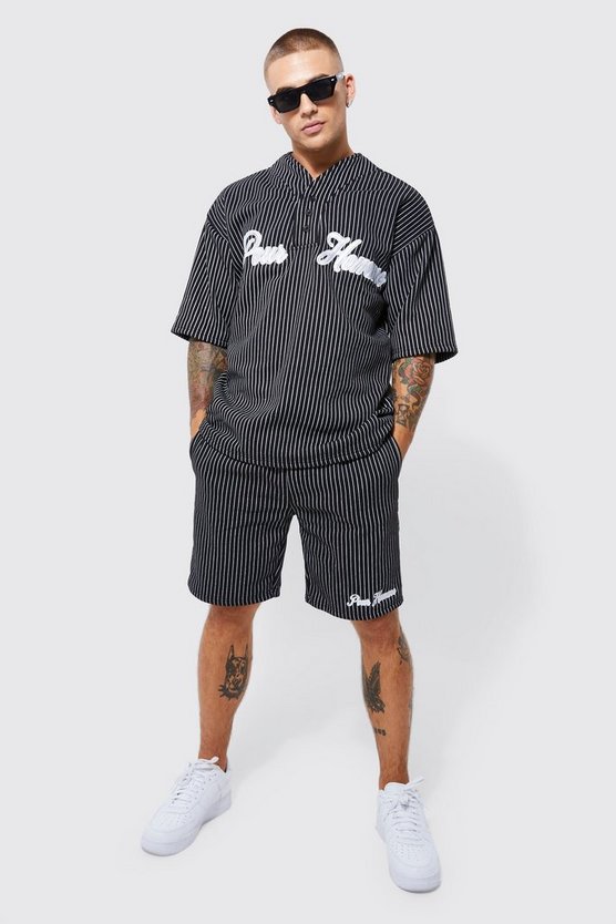 Oversize Baseball-Poloshirt und Shorts mit Nadelstreifen