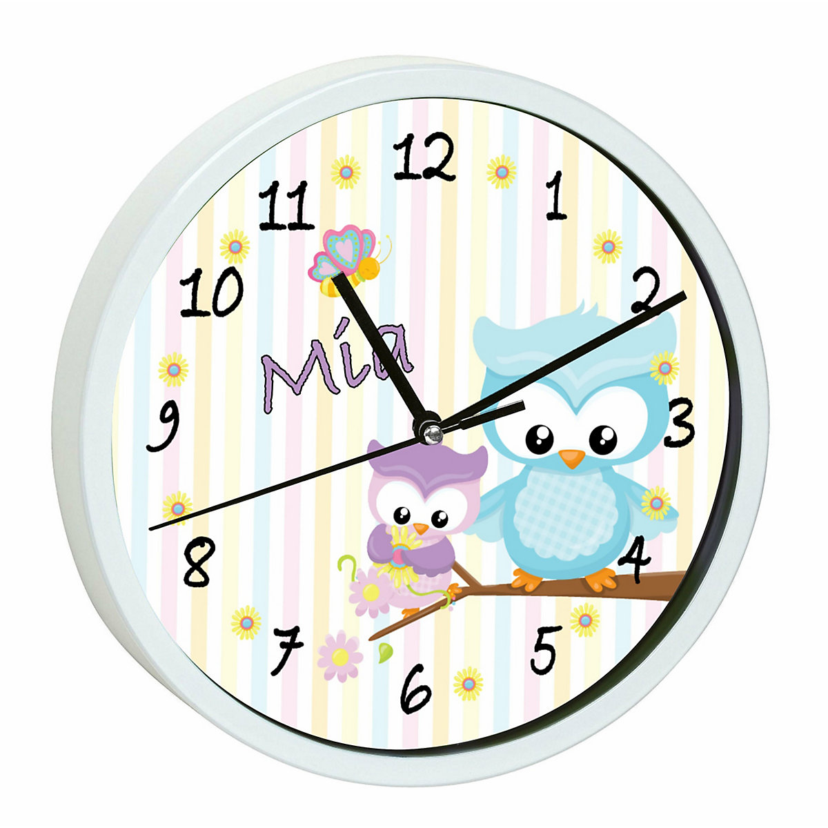 Kinder Wanduhr personalisiert mit Name Eule Frühling