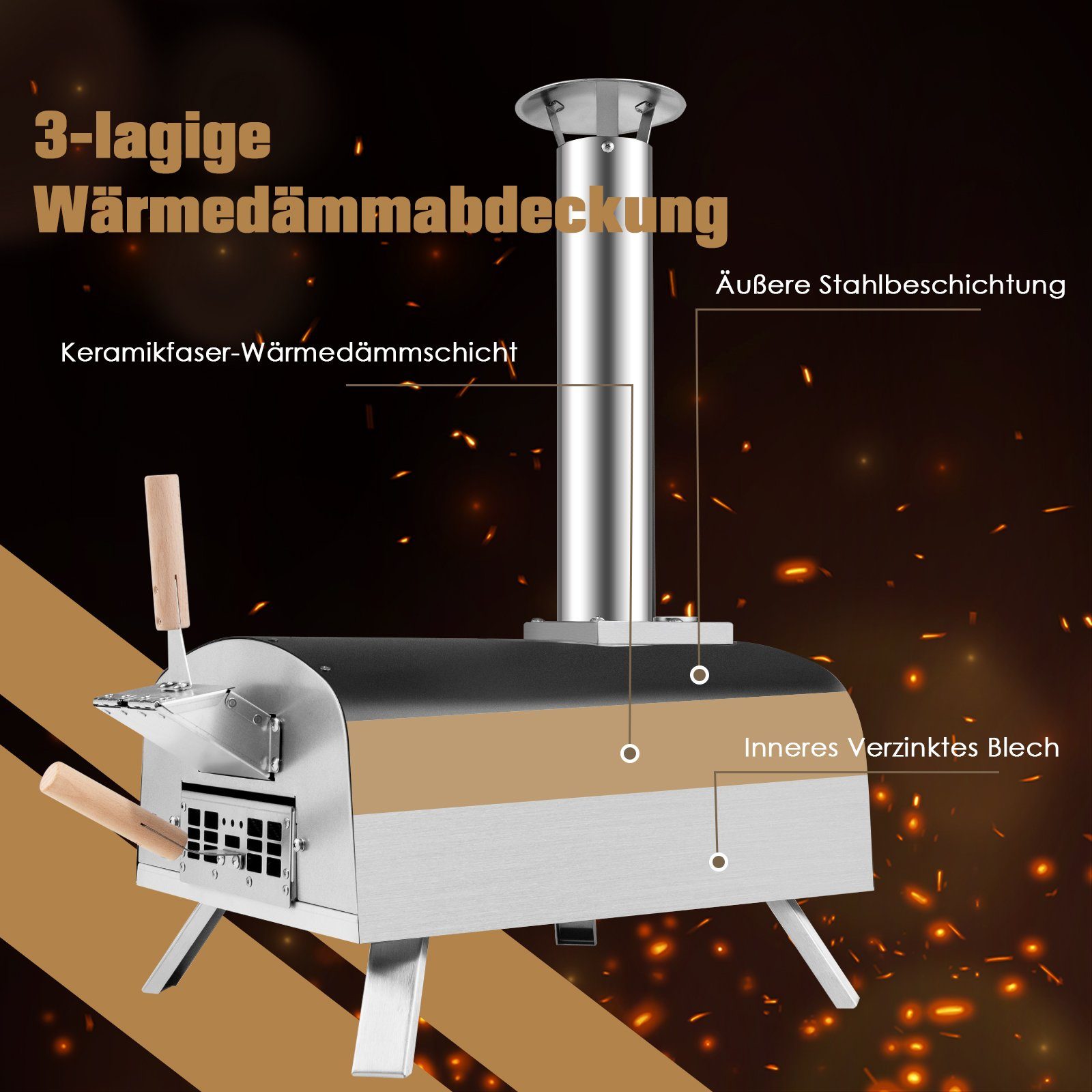 COSTWAY Pizzaofen, inkl. Pizzaschieber & Pizzastein, Gas & Holz, bis zu 450 °C
