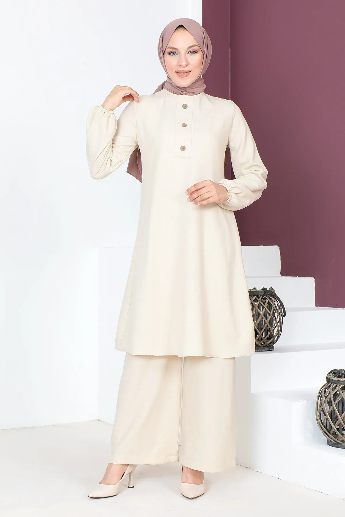 Tesettür Dünyası  Geknöpfter Doppelanzug TSD230701 Beige