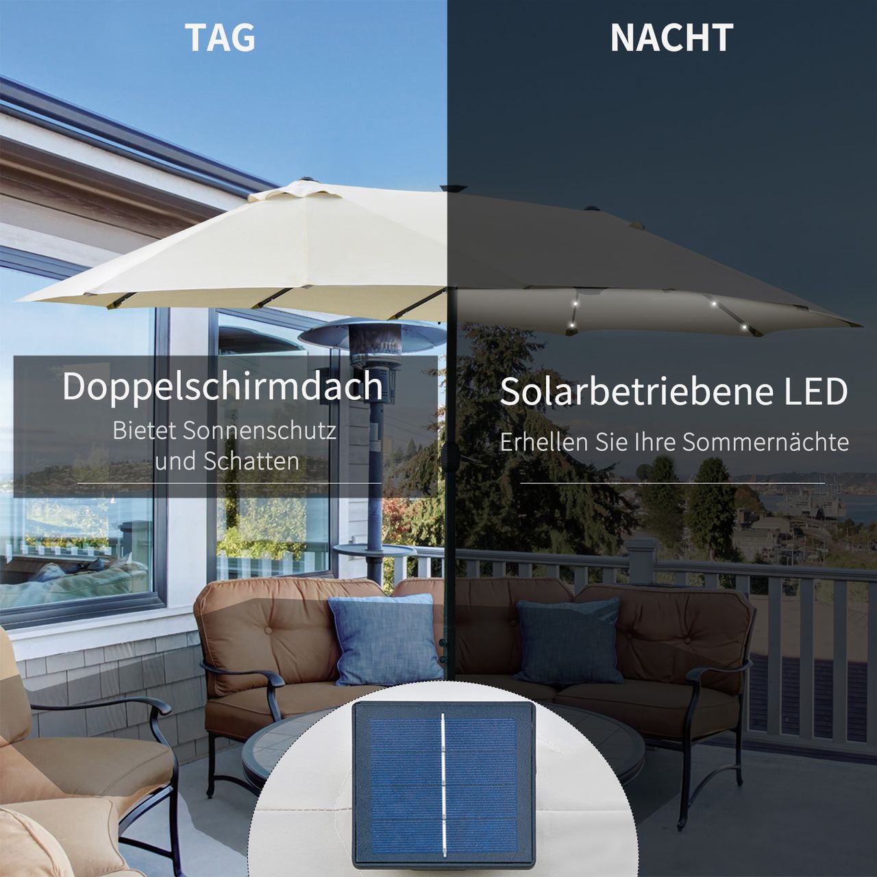 Outsunny Sonnenschirm mit LED Doppelsonnenschirm 440 x 256 cm Gartenschirm