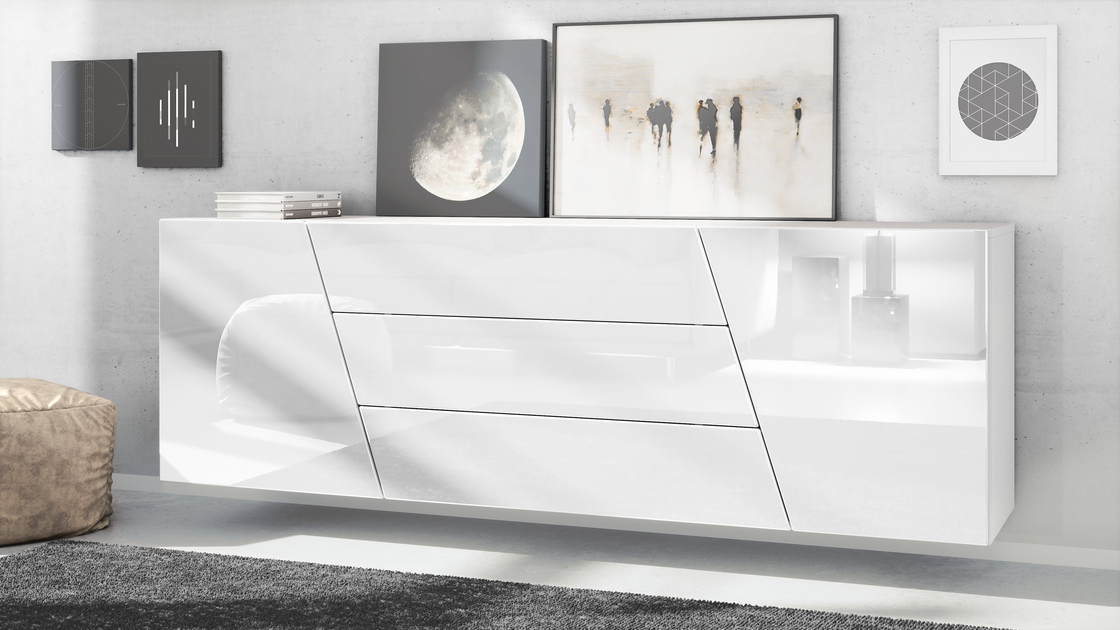 Vladon Sideboard Houston (hängende Kommode, mit 2 Türen und 3 Schubladen), Weiß matt/Weiß Hochglanz (178 x 57,5 x 38,5 cm)