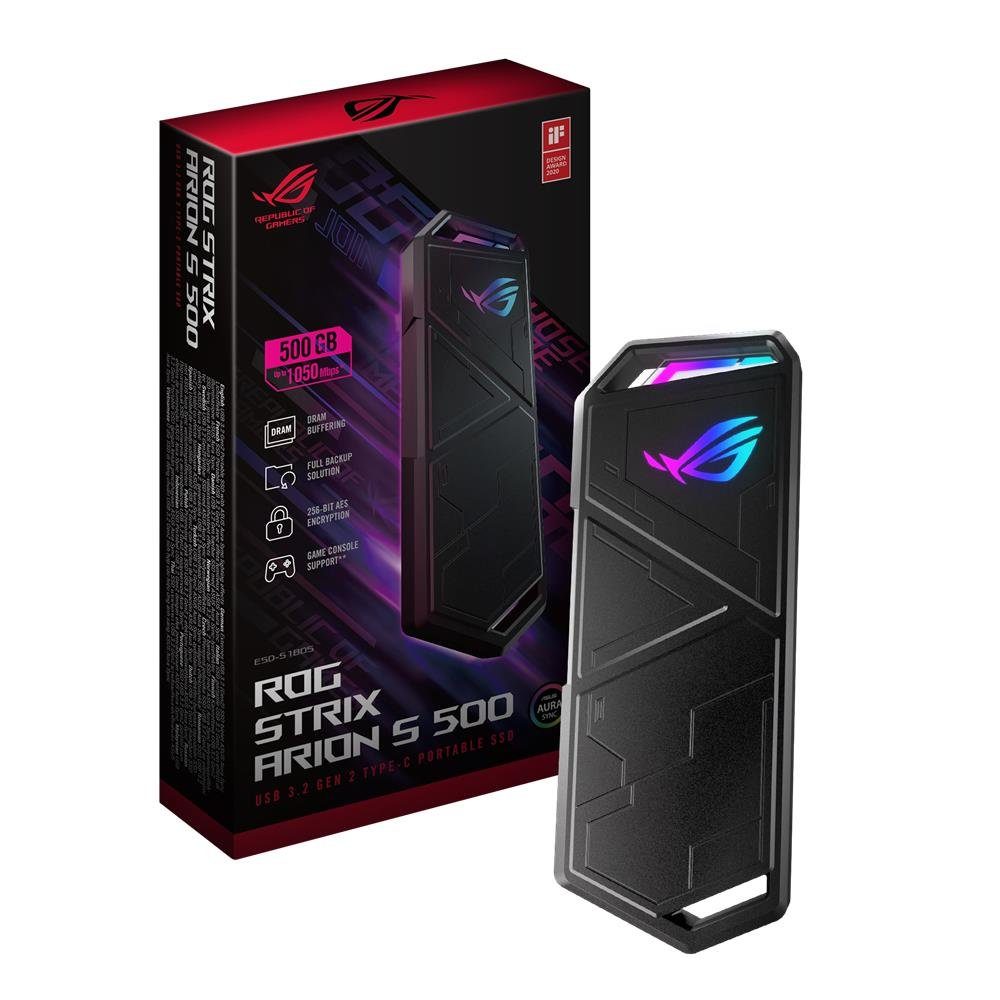 Asus ROG Strix Arion S500 externe Gaming-SSD, USB-C 3.2 Gen 2, NVMe DRAM 500GB 256-Bit AES NTI Backup Now EZ schwarz