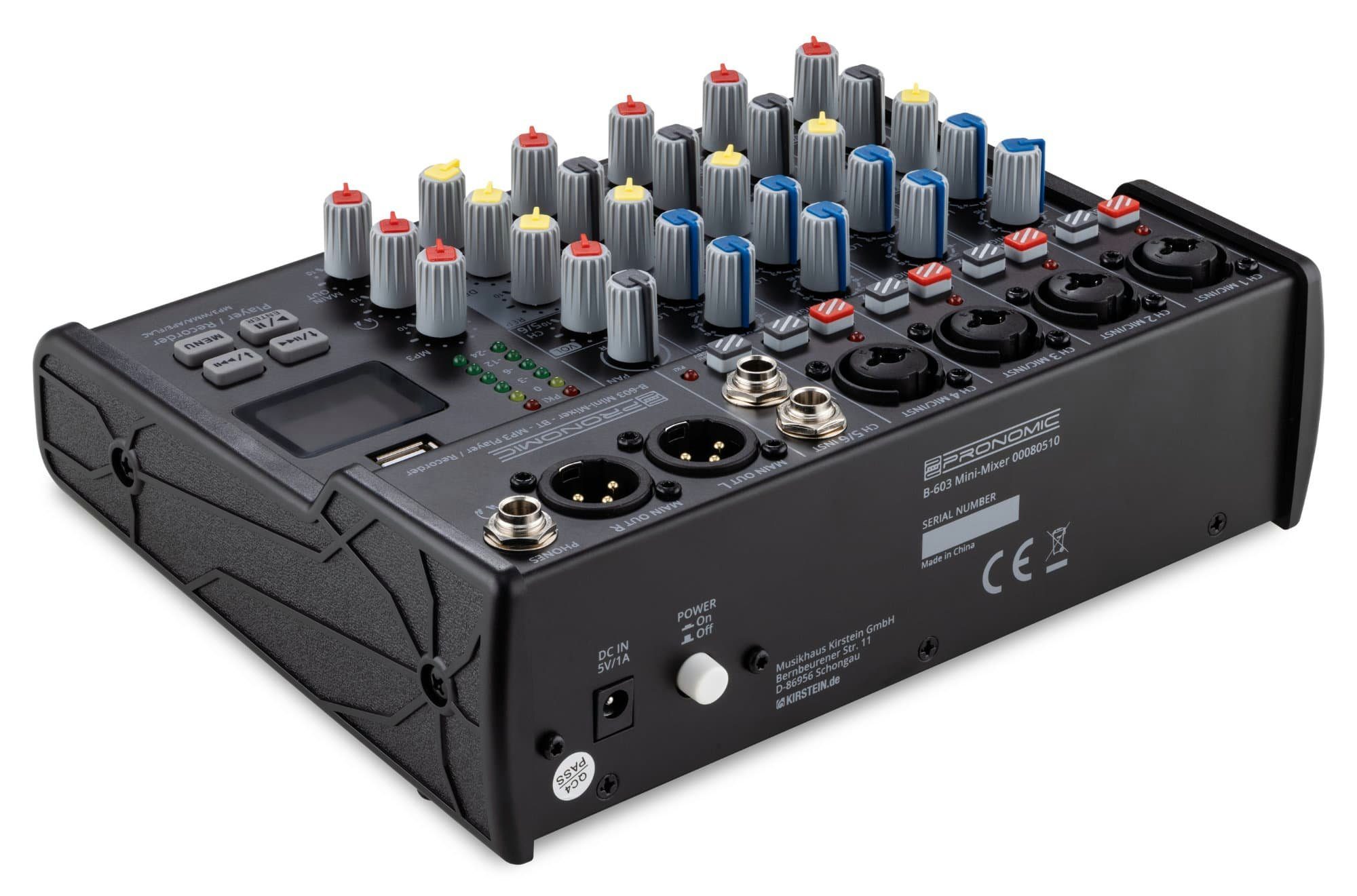 Pronomic Mischpult B-603 6-Kanal Mini-Mixer - Live/Studio DJ Mixer, mit Bluetooth und USB-Recording