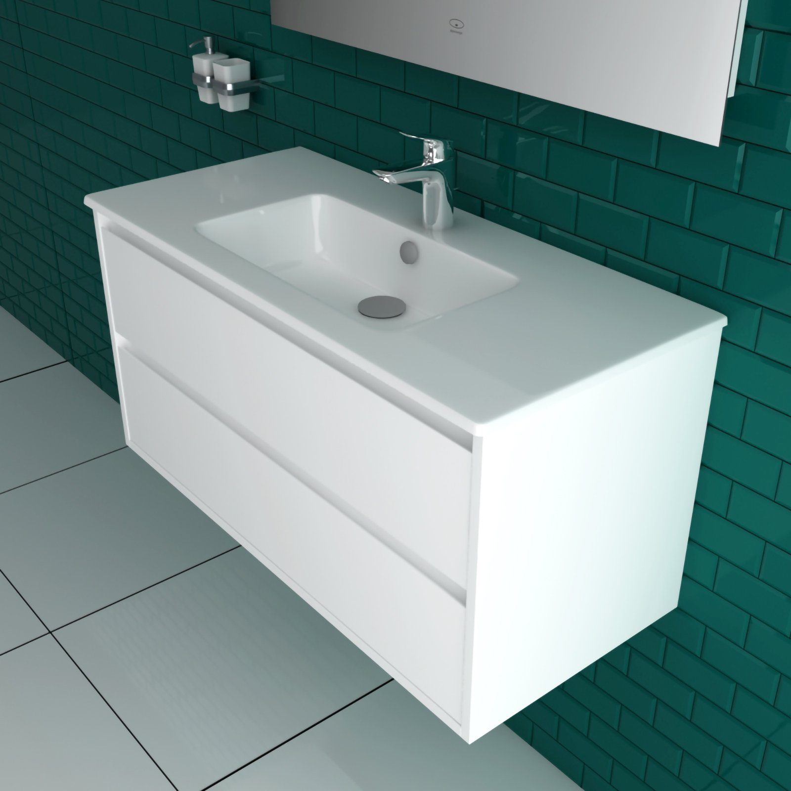 Alpenberger Badezimmer-Set - Waschplatz aus Keramik Handwaschbecken und Schrank mit 2 Schubladen, (Komplett Badmöbel Set, 2-St., Waschbecken mit Unterschrank 100cm), Soft-Close Badunterschrank Weiß hängend & vormontiert