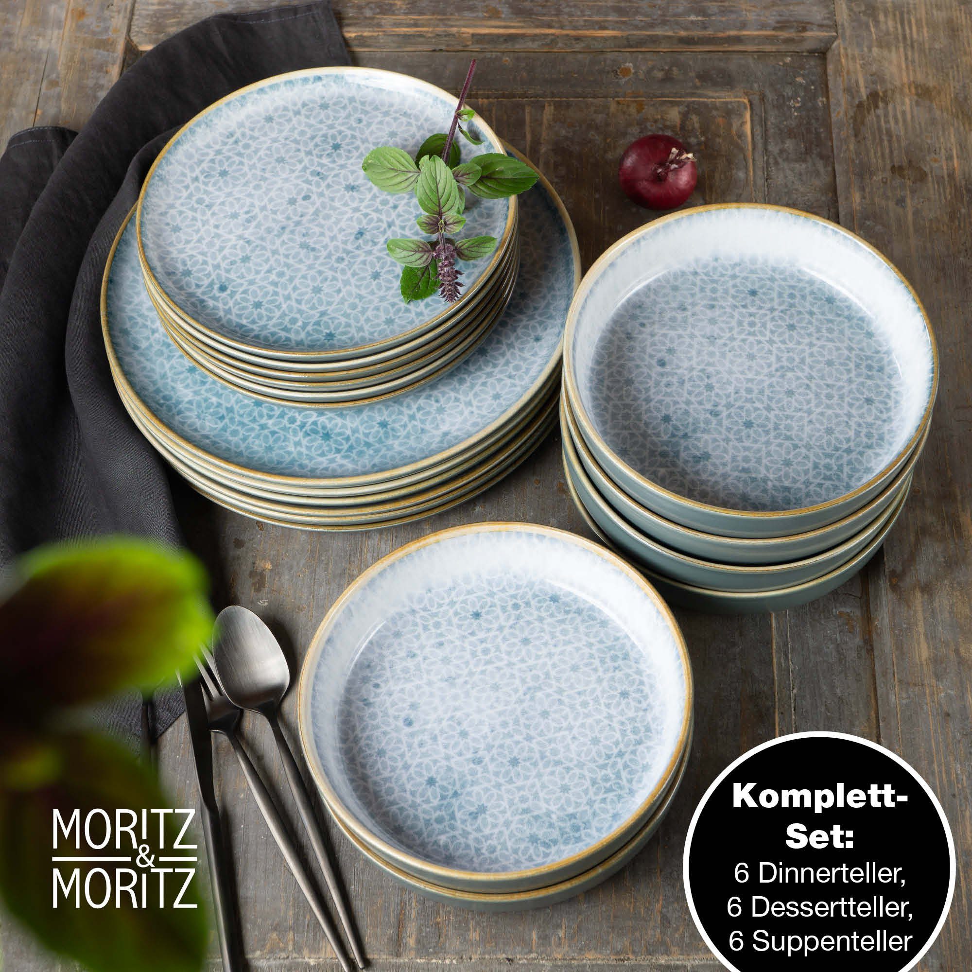 Moritz & Moritz Tafelservice TERRA Geschirrset Blau (18-tlg), 6 Personen, Kombigeschirr für 6 Personen