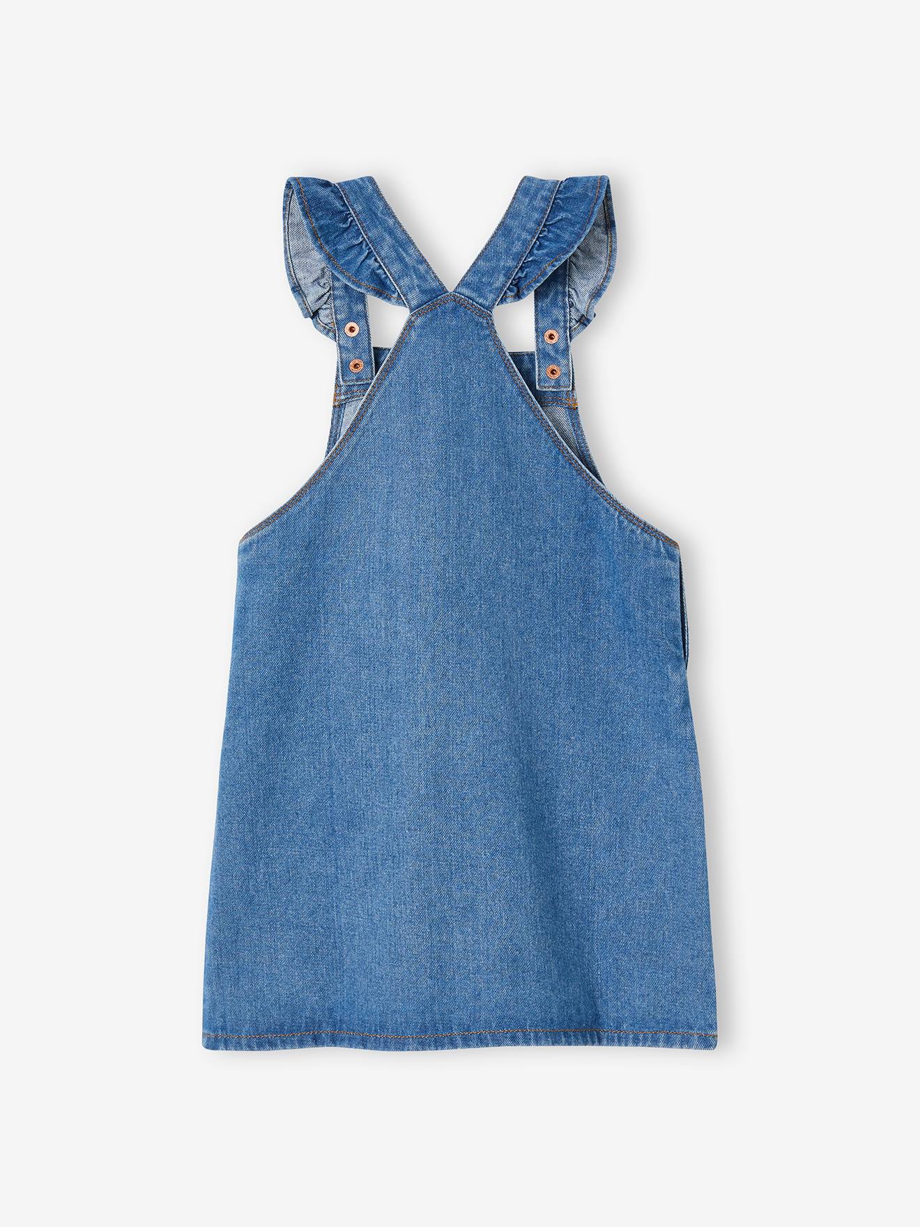 Robe salopette en jean bretelles volantées fille stone
