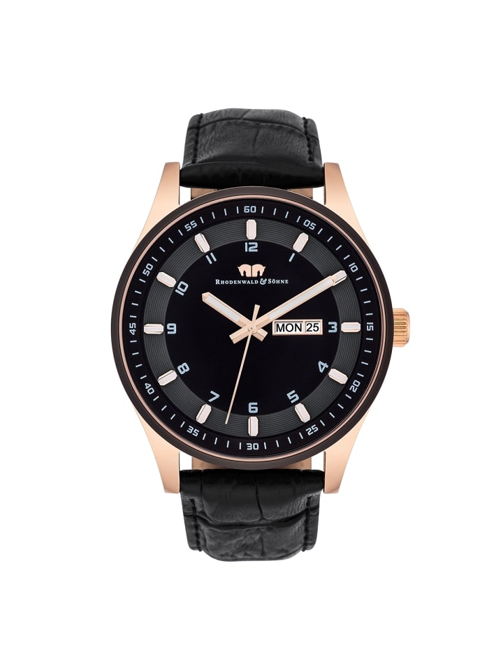 Rhodenwald & Söhne Herren Quarzuhr roségold Echtleder schwarz in schwarz günstig kaufen 20 cm