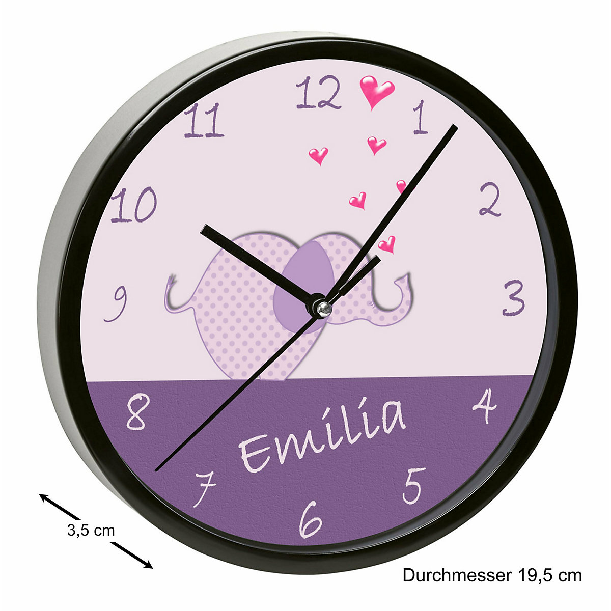 Kinder Wanduhr personalisiert mit Name Elefant lila