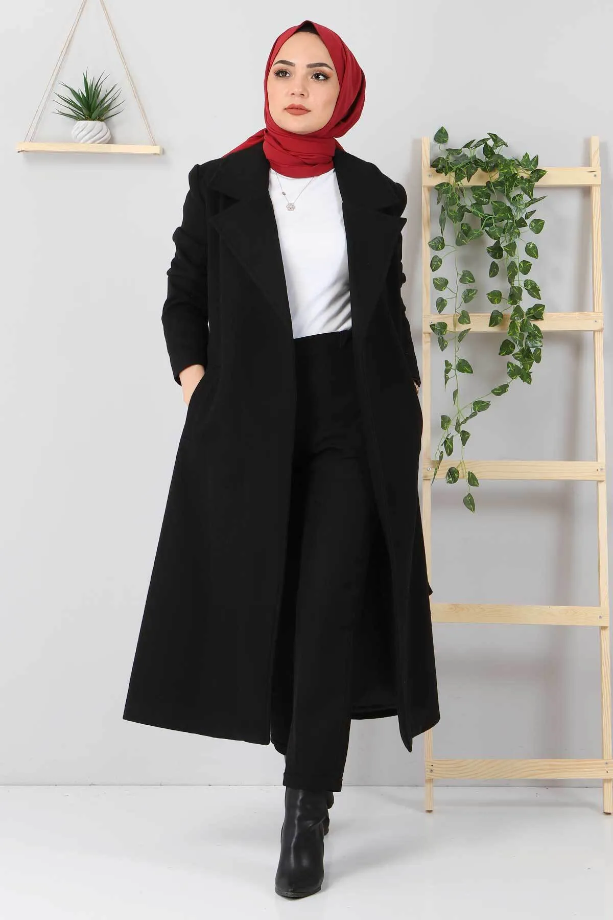 Tesettür Dünyası  Kachet-Mantel mit Taillengürtel Tsd1956 Schwarz