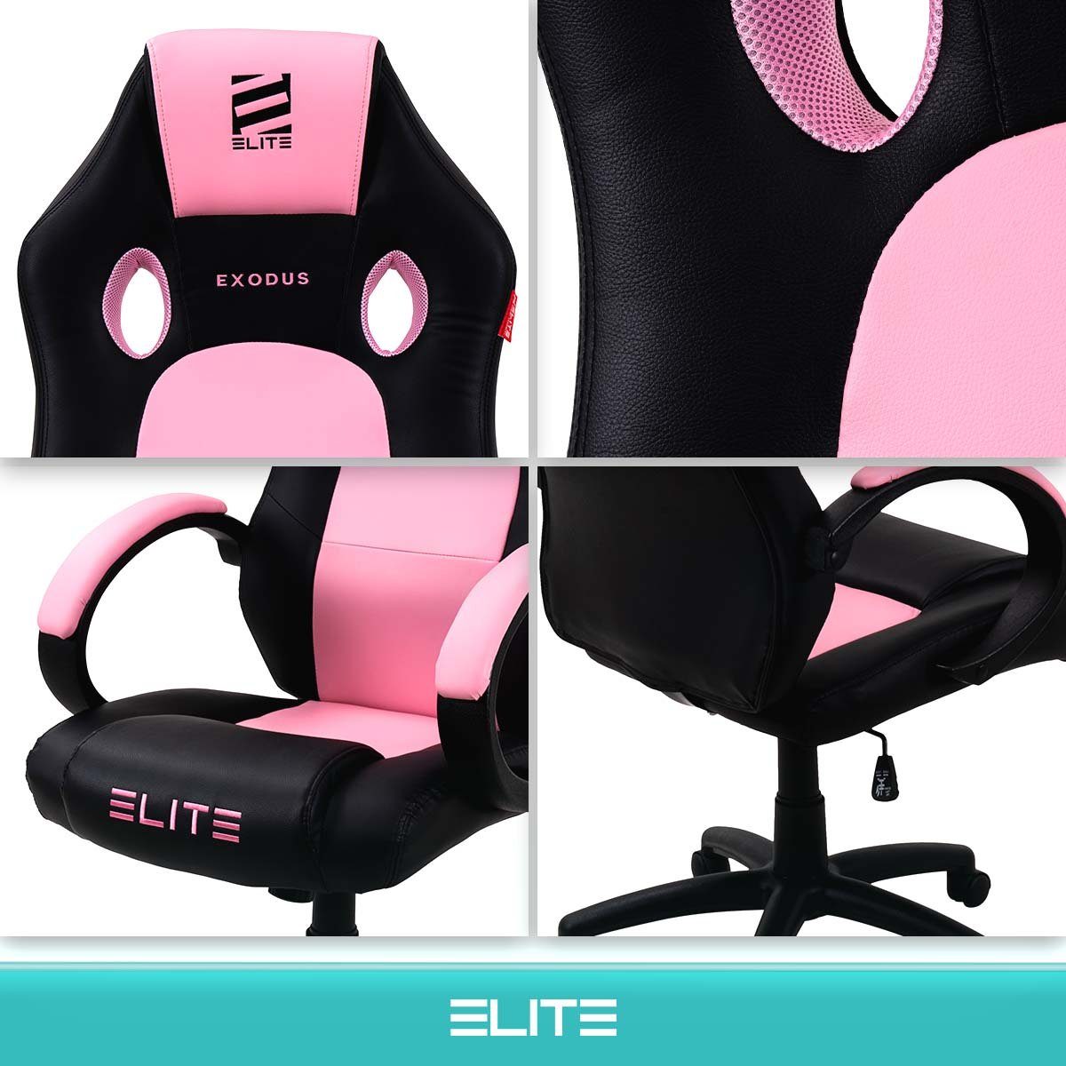 ELITE Gaming Gaming-Stuhl Ergonomischer Gamingstuhl Exodus Bürostuhl inkl. XXL Sitzfläche (Drehstuhl mit verriegelbare Wippmechanik, Armpolster, verstellbare Sitzhöhe, Sicherheits-Doppelrollen, 5-Stern Fußkreuz, 360 Grad horizontal drehbar, PVC Memor