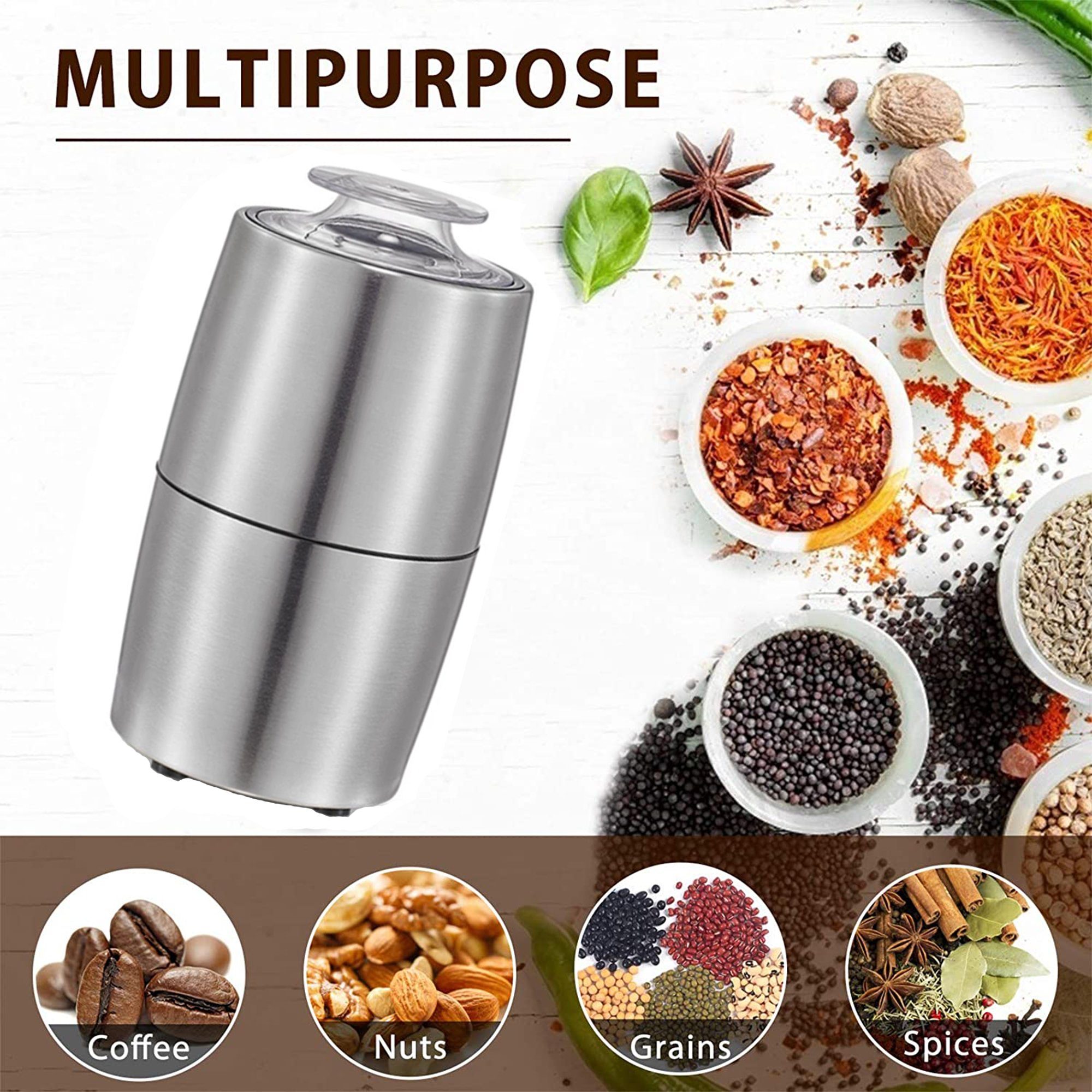 QTIYE Kaffeemühle,Kaffeemühle Elektrisch,200 W,Gewürz Mühle,mit 304 Edelstahlmesser, 50g Fassungsvermögen,Geeignet für Kaffee, Nüsse, Gewürze
