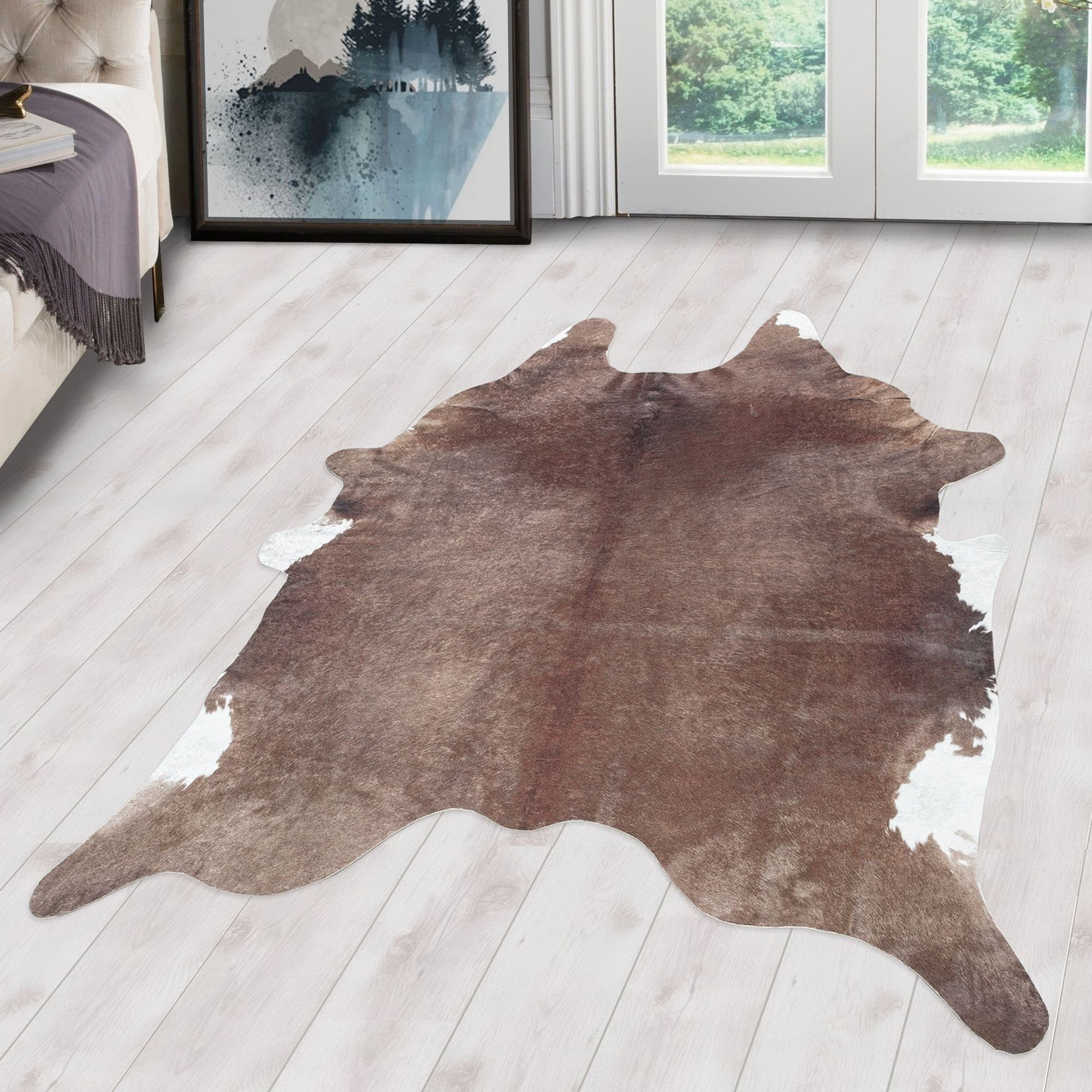 Fellteppich Rindsleder Imitat, Carpetsale24, Rund, Höhe: 7 mm, Fellteppich Kuhfell Rindsleder Imitat Digitaldruck Waschbar Rutschfest