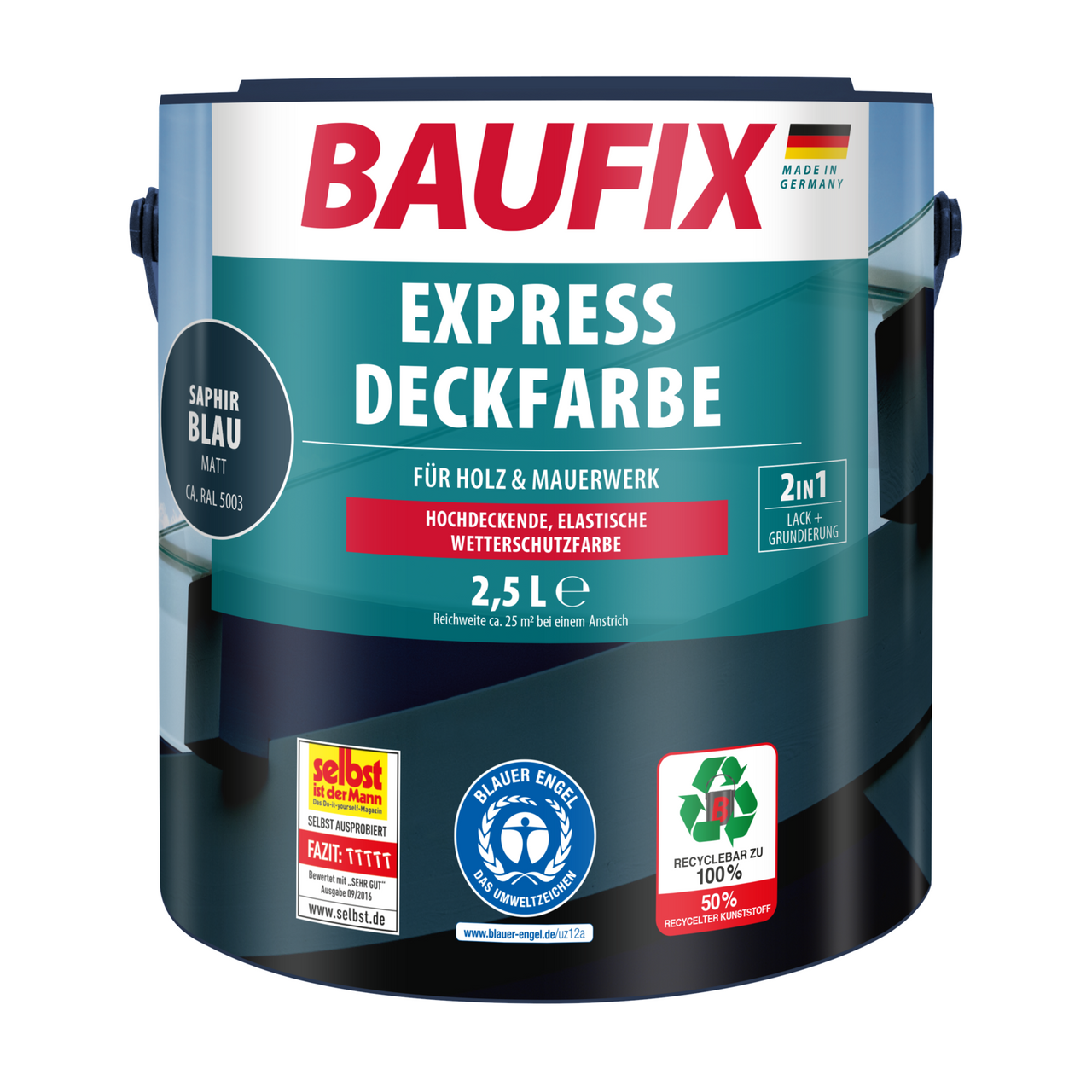 Baufix Express Deckfarbe saphirblau matt, 2.5 Liter, Wetterschutzfarbe