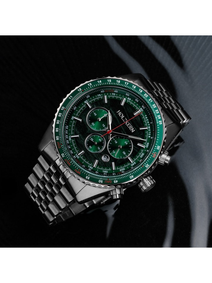 Holzkern Herrenuhr Chronograph Openhorizon Marmor Grün/Silberfarben günstig kaufen onesize