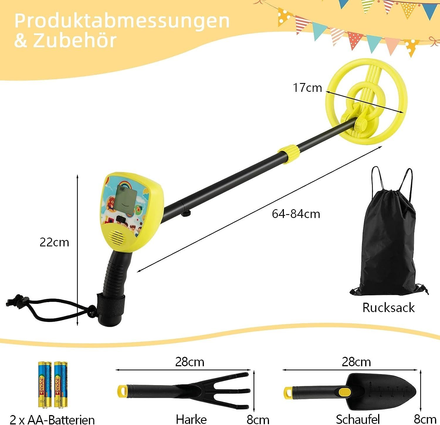 KOMFOTTEU Metalldetektor für Kinder, mit verstellbarem Stiel (64-84 cm)