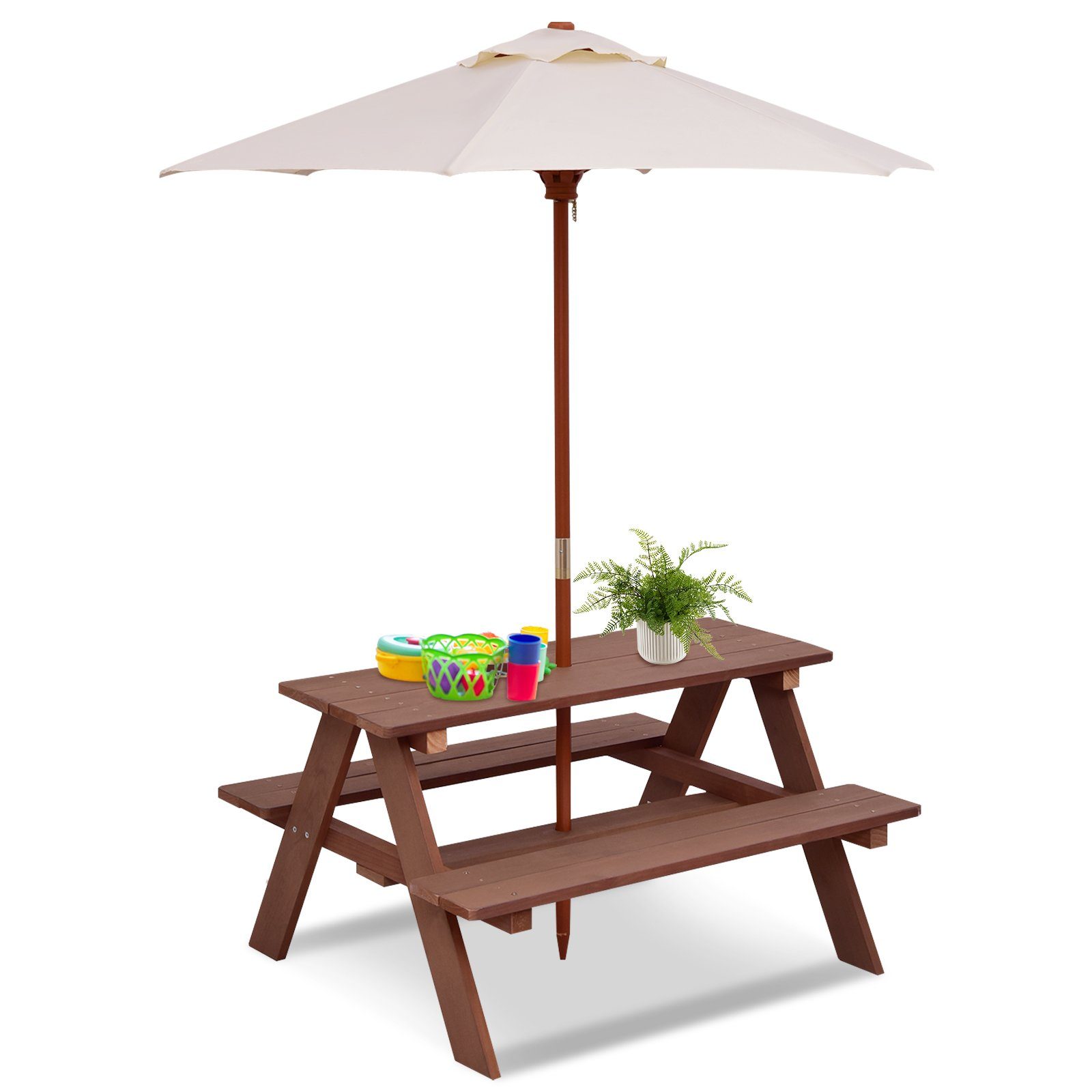 COSTWAY Garten-Kindersitzgruppe, mit abnehmbarem Sonnenschirm, 4 Sitze
