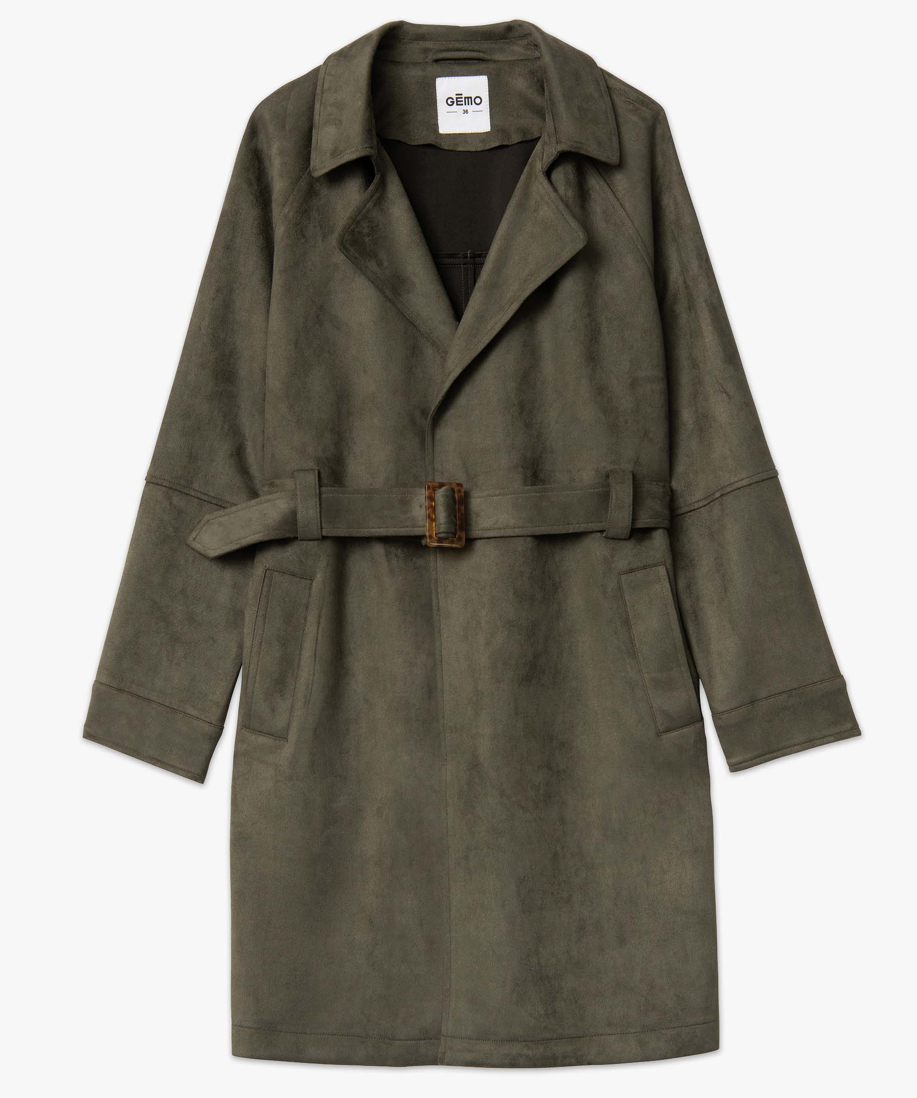 Manteau trench en suédine avec ceinture femme kaki | GEMO