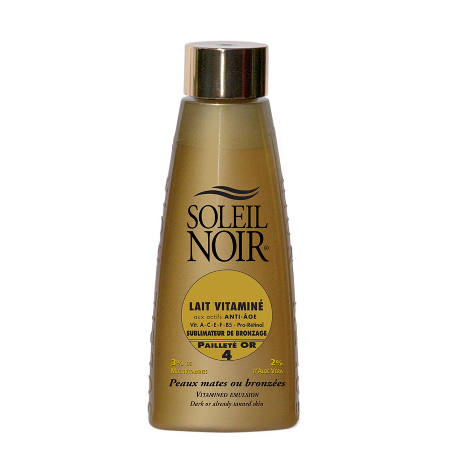 Soleil Noir Lait Vitaminé Sublimateur de Bronzage 4 Pailleté Or Peaux Mates ou Bronzées 150 ml