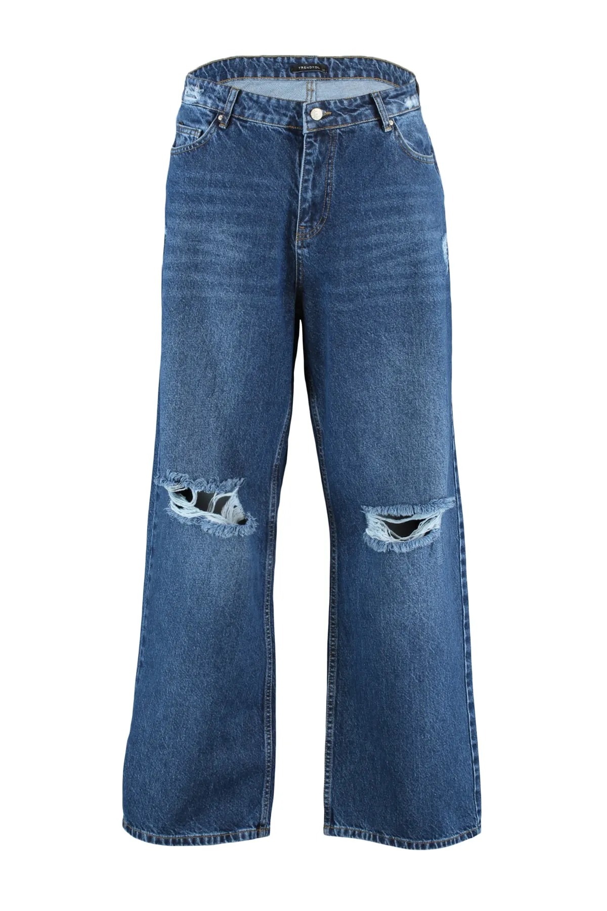 Trendyol Curve  Dunkelblaue zerrissene Jeans mit hoher Taille und weitem Bein TBSSS22JE00006