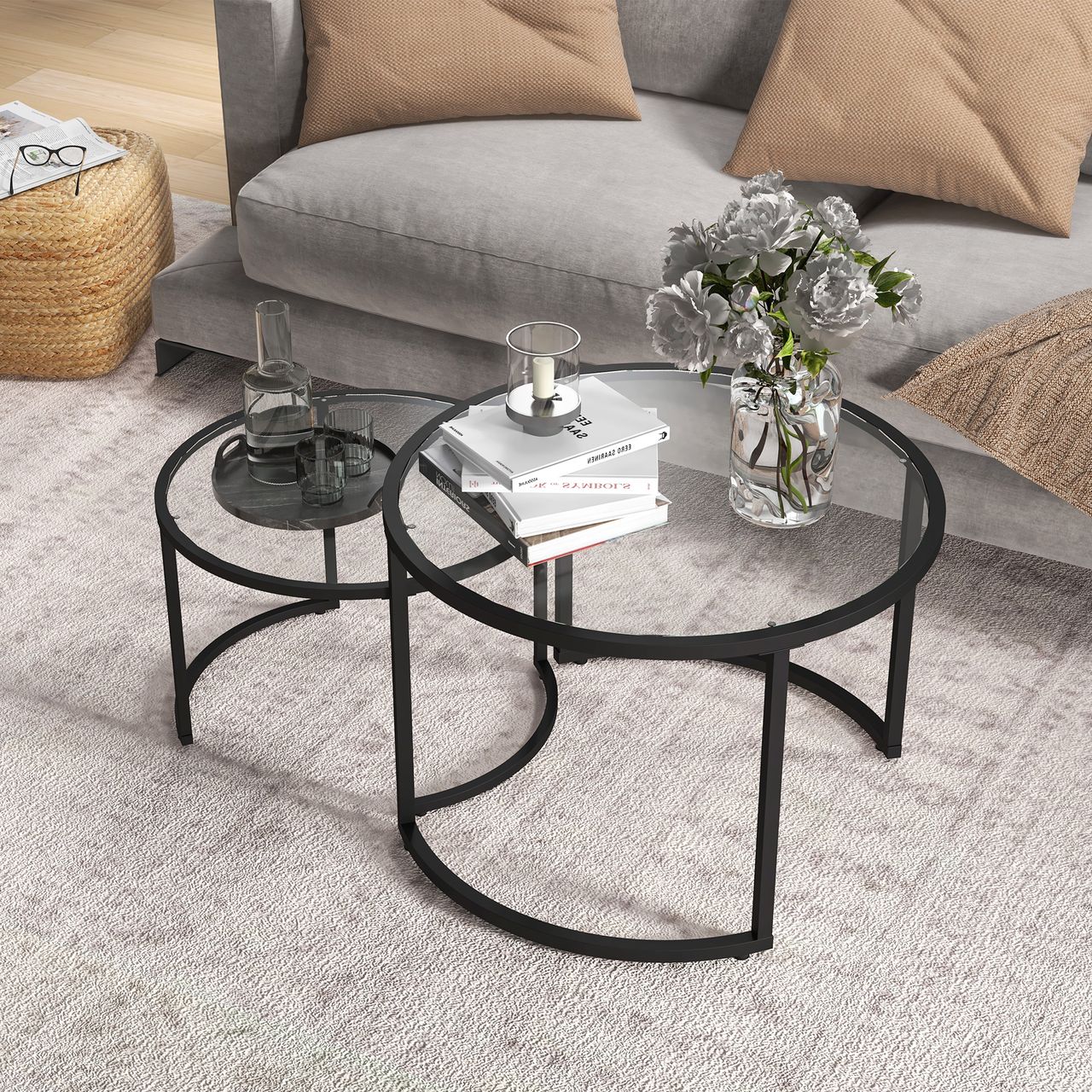 HOMCOM Couchtisch 2er-Set, Beistelltisch mit Stahlgestell, Kaffeetisch, Schwarz