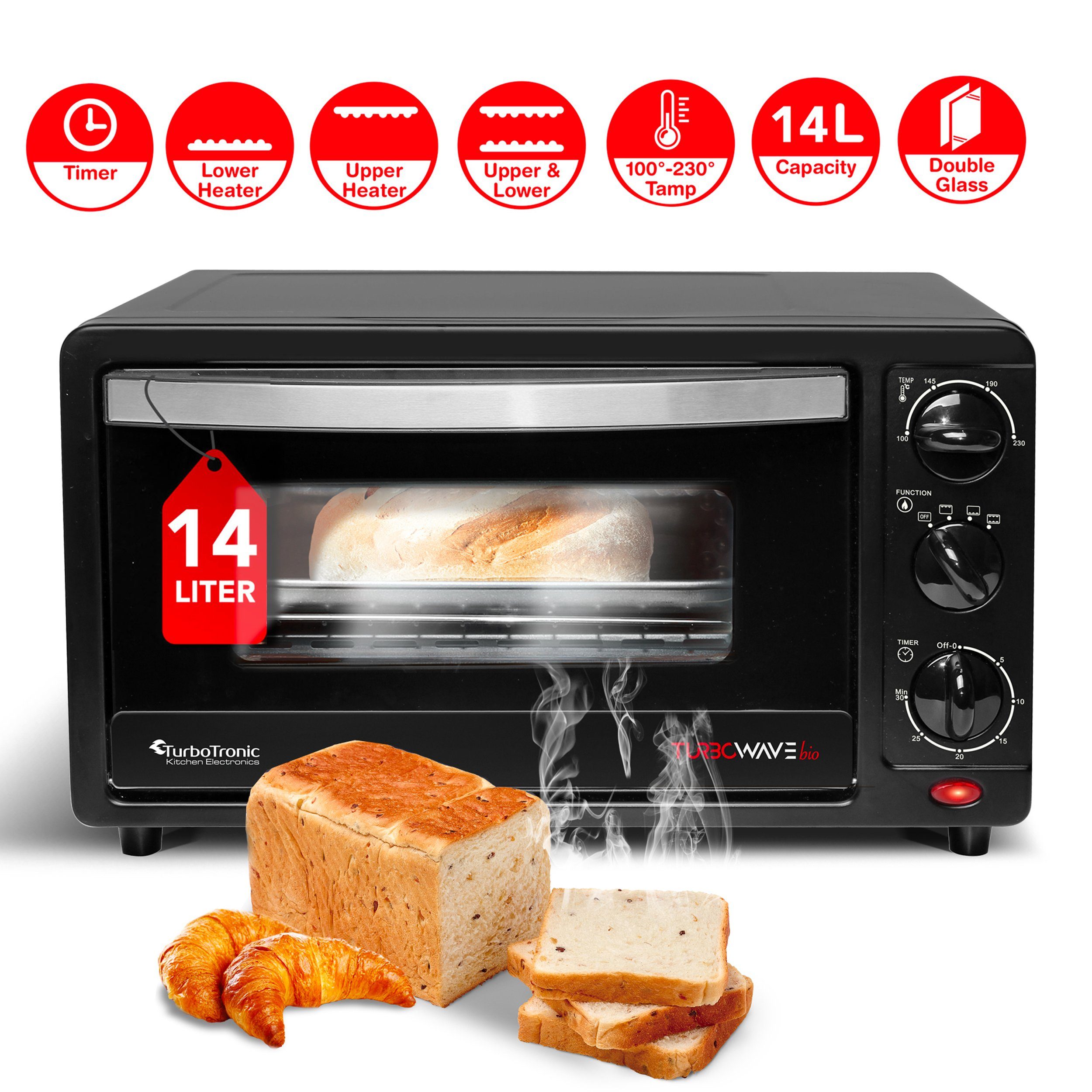 TurboTronic by Z-Line Minibackofen 14 Liter Schwarz, inkl. 1x Grillrost & 1x Backblech 1200W Camping, Pizzaofen 100-230°C Tischbackofen, Kleiner Ofen