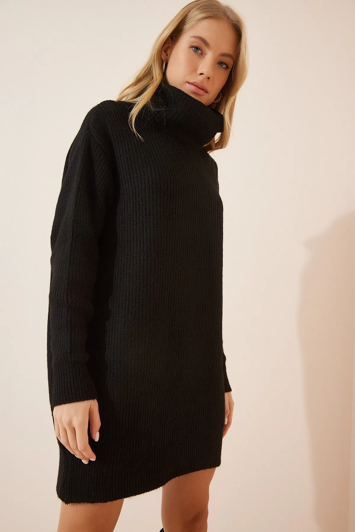 Happiness İstanbul  Schwarzes Rollkragen-Mini-Strickkleid für Damen ER00038
