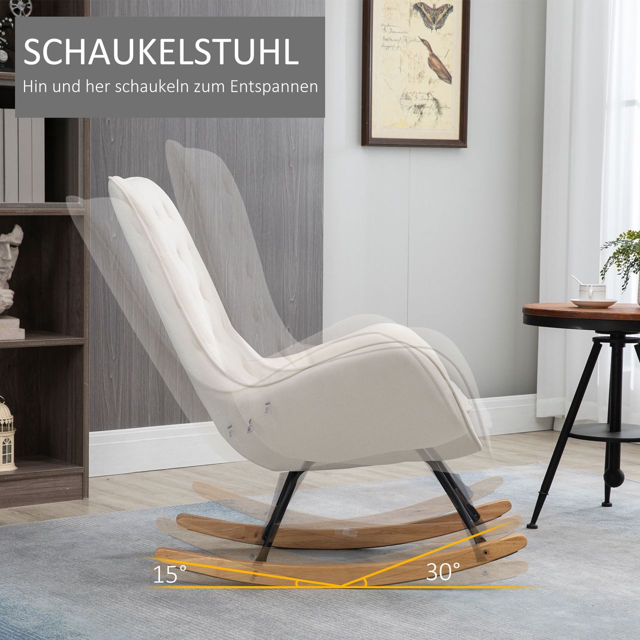 HOMCOM Schaukelstuhl Relaxstuhl Schwingsessel Schaukelsessel Leinen Cremeweiß