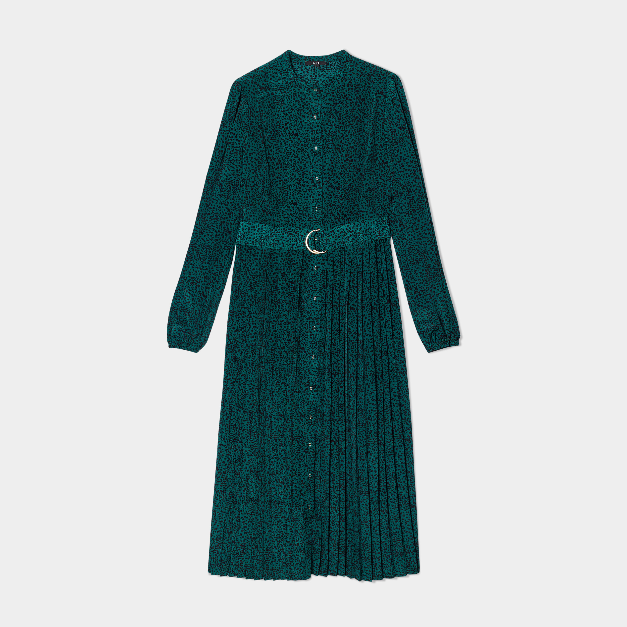 Robe chemise plissée midi col mao vert foncé femme | La Halle