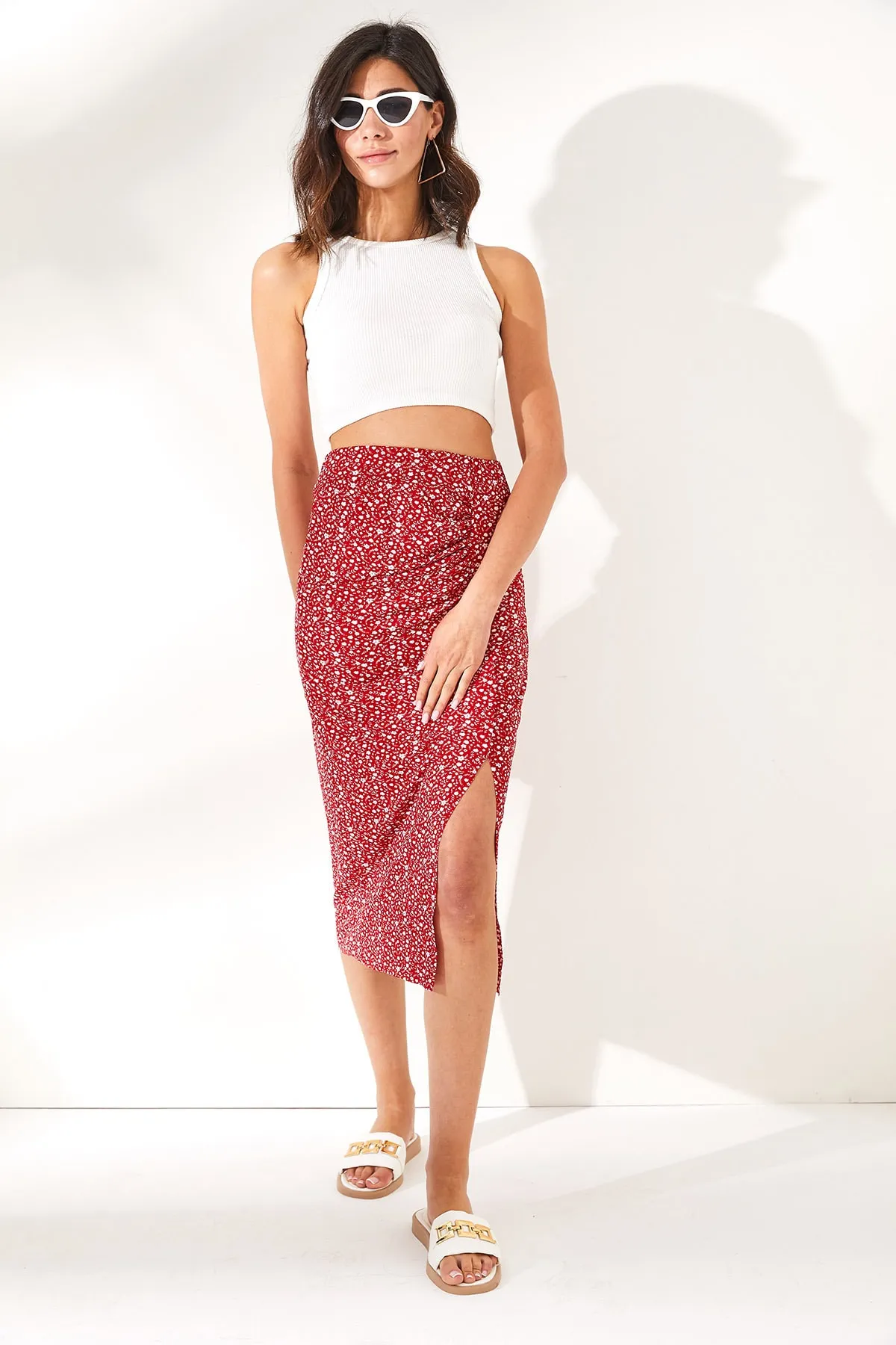 Olalook  Damen Blumen Rot Front Kordelzug Schlitz Strickrock ETK-19000202