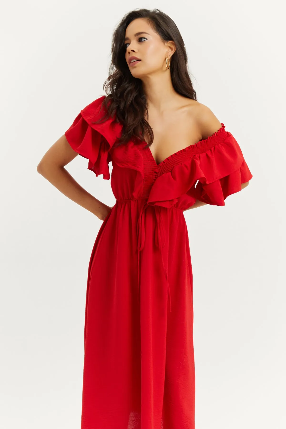 Cool & Sexy  Rotes Damen-Volantkleid mit V-Ausschnitt vorne und hinten KS113