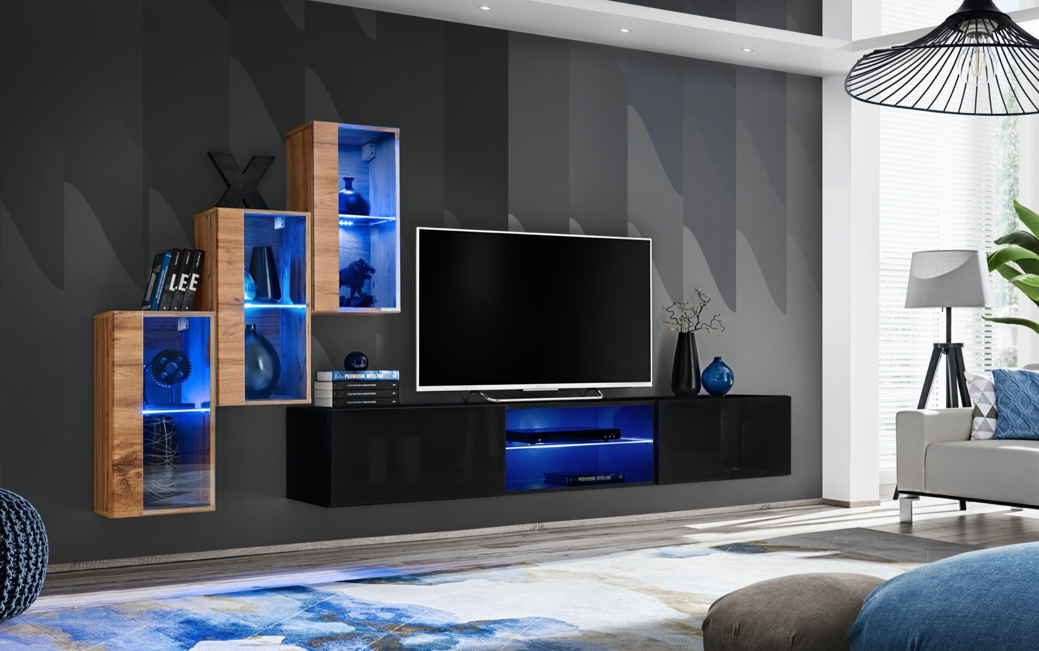 JVmoebel Wohnwand Wohnzimmermöbel Neu Wohnwand 3x Hänge Vitrine TV Ständer Luxus, (4-St., TV Ständer + 3x Hänge Vitrine), LED beleuchtet