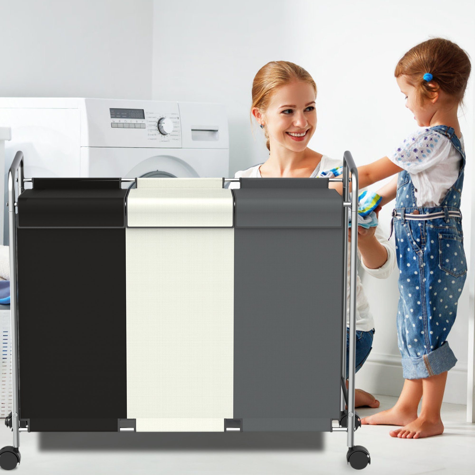 NEFOSO Wäschekorb Wäschesammler 3 fächer mit Deckel, 150L wäschesortierer für Waschküche, 600D Oxford-Gewebe, wäsche sortiersystem mit Rädern, 76 x 39 x 85 cm