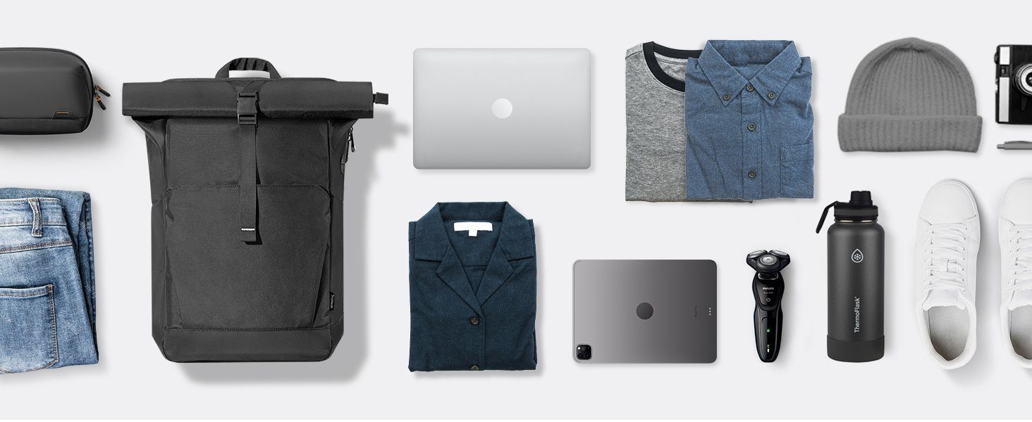 Inateck Laptoprucksack RollTop Rucksack 25L-30L, Tagesrucksack kompatibel mit 17 Zoll Laptops, mit Kopfhörer-/Ladeanschluss und separatem Schuhfach