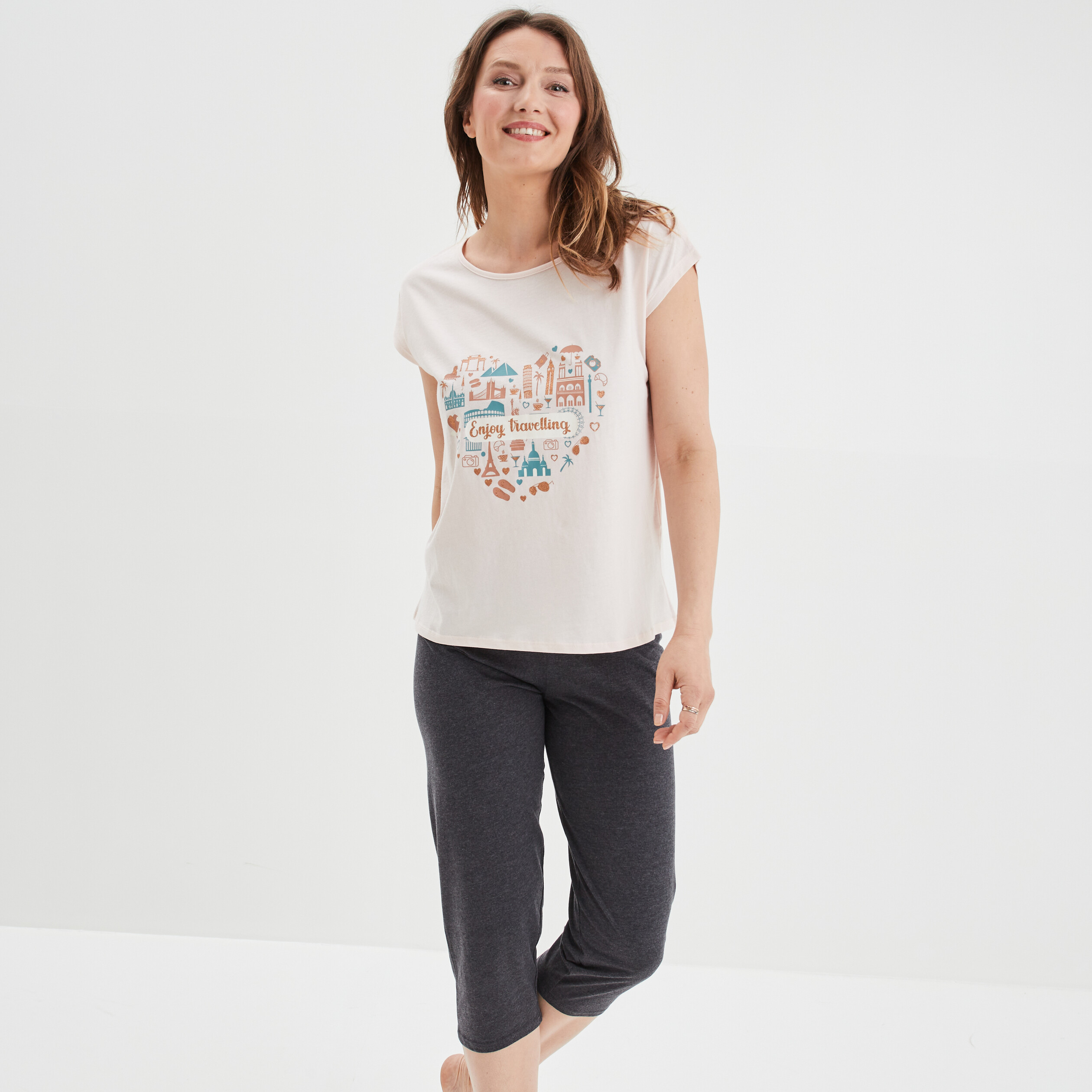 Ensemble pyjama corsaire 2 pièces coton rose clair femme | La Halle