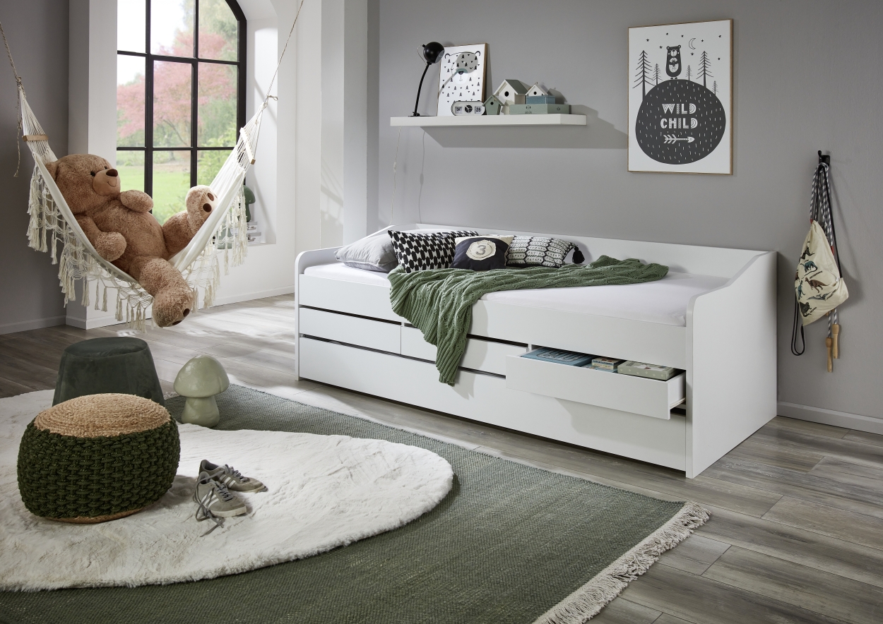 Relita Funktionsbett JILL 90x200 ohne Lattenrost, 3 Schubladen u. Bettschublade Dekor Weiß
