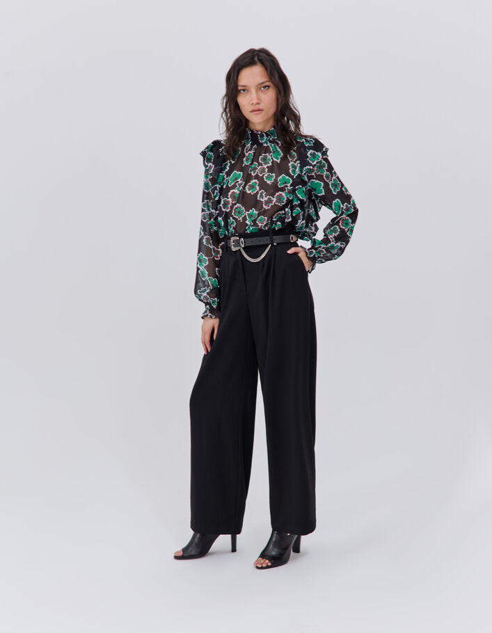 Pantalon large noir à taille haute ceinturée Femme