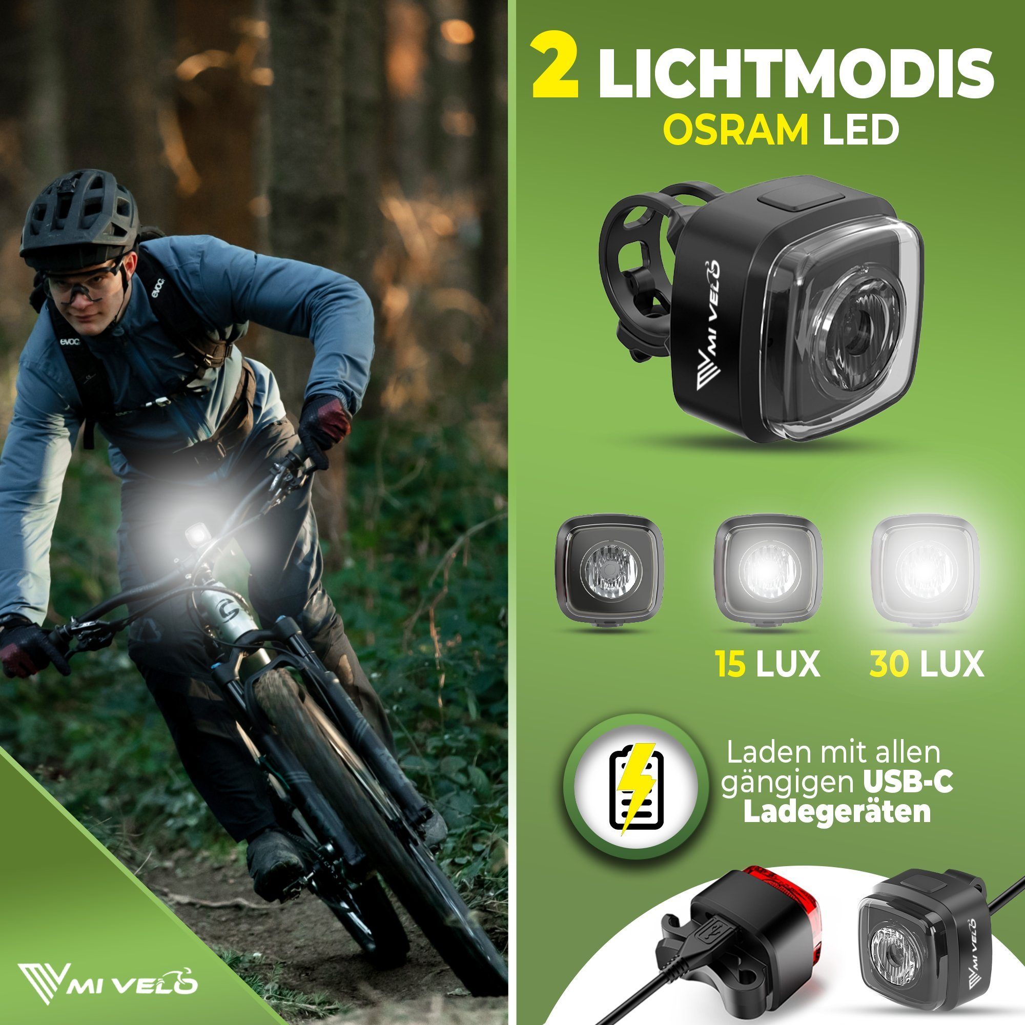 MIVELO Fahrradbeleuchtung CUBE ONE Fahrradlicht Set USB aufladbar StVZO zugelassen wasserdicht