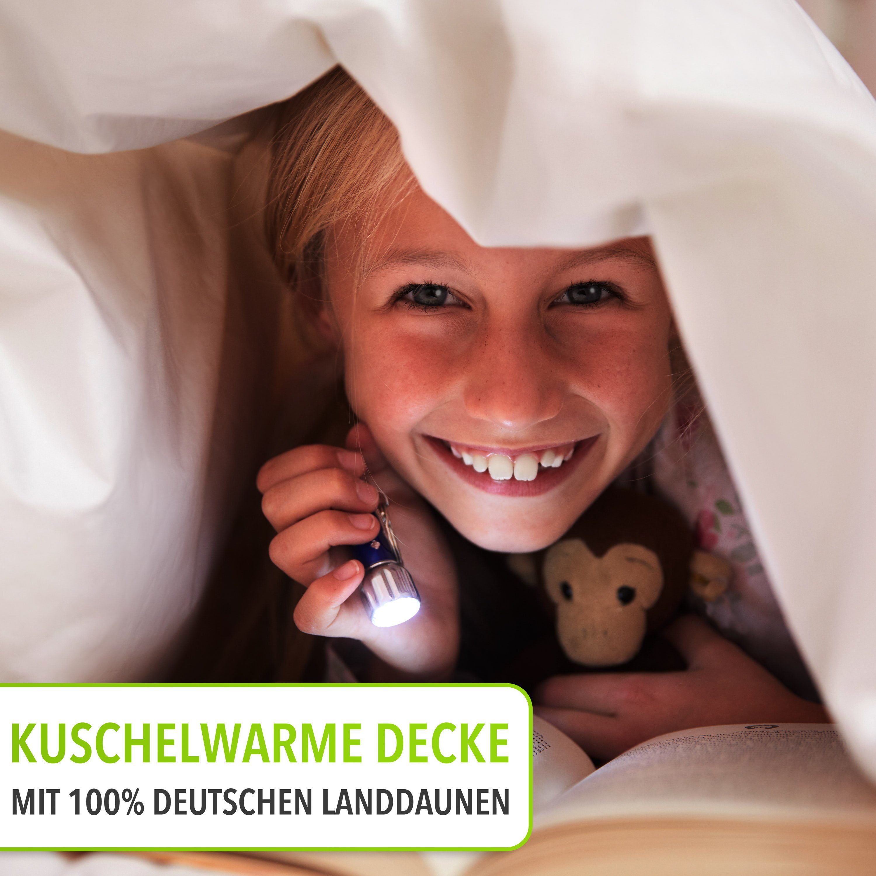 Kinderbettdecke + Kopfkissen, Daunen Kinderbettdecke 100x135 Set mit Kissen, Koru Kids, Füllung: 100% neue deutsche Entendaunen, made in Germany, waschbar bis 60°, natürliches Schlafen für Ihr Kind