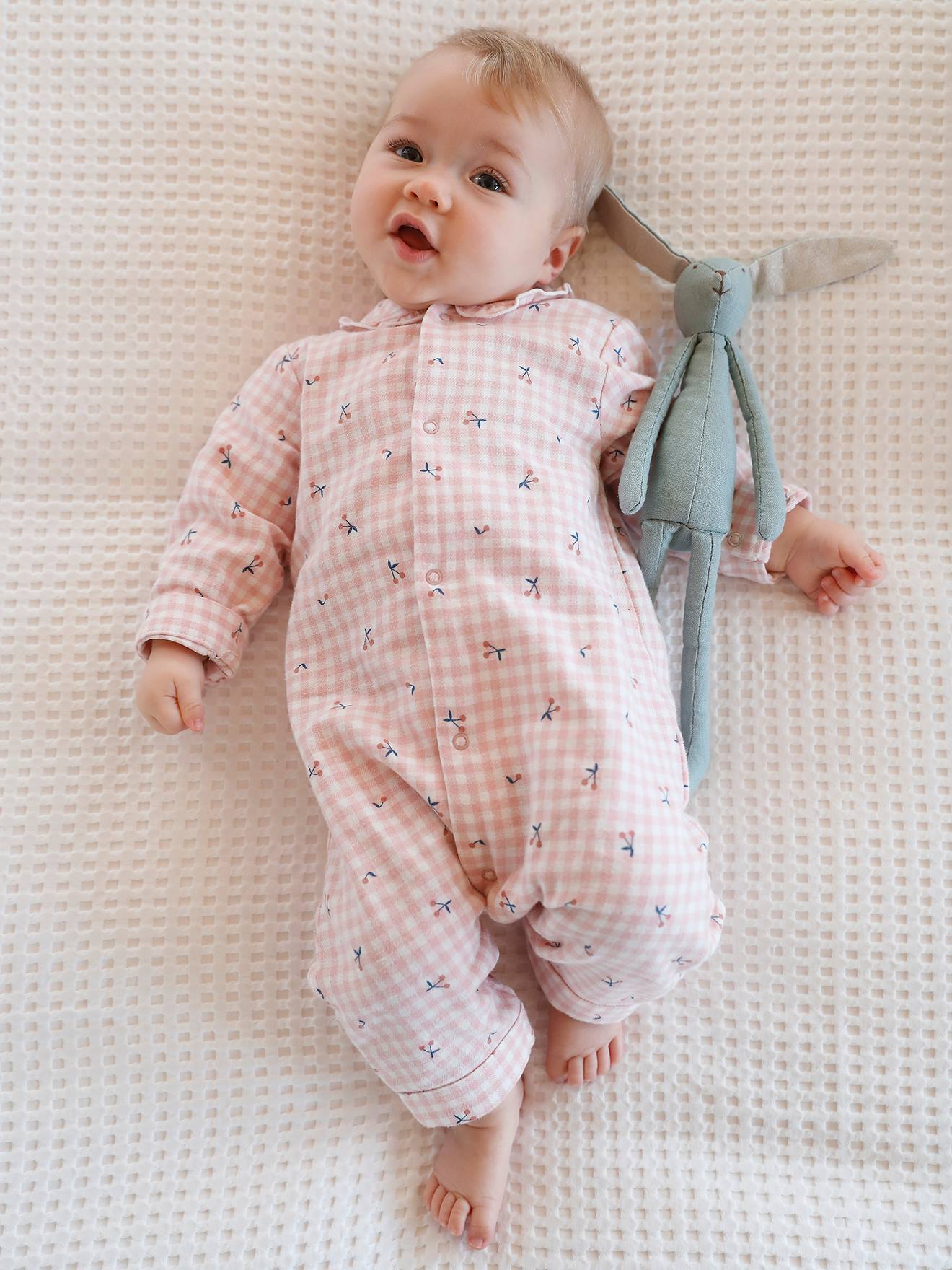 Pyjama bébé en flanelle de coton ouverture naissance carreaux rose thé