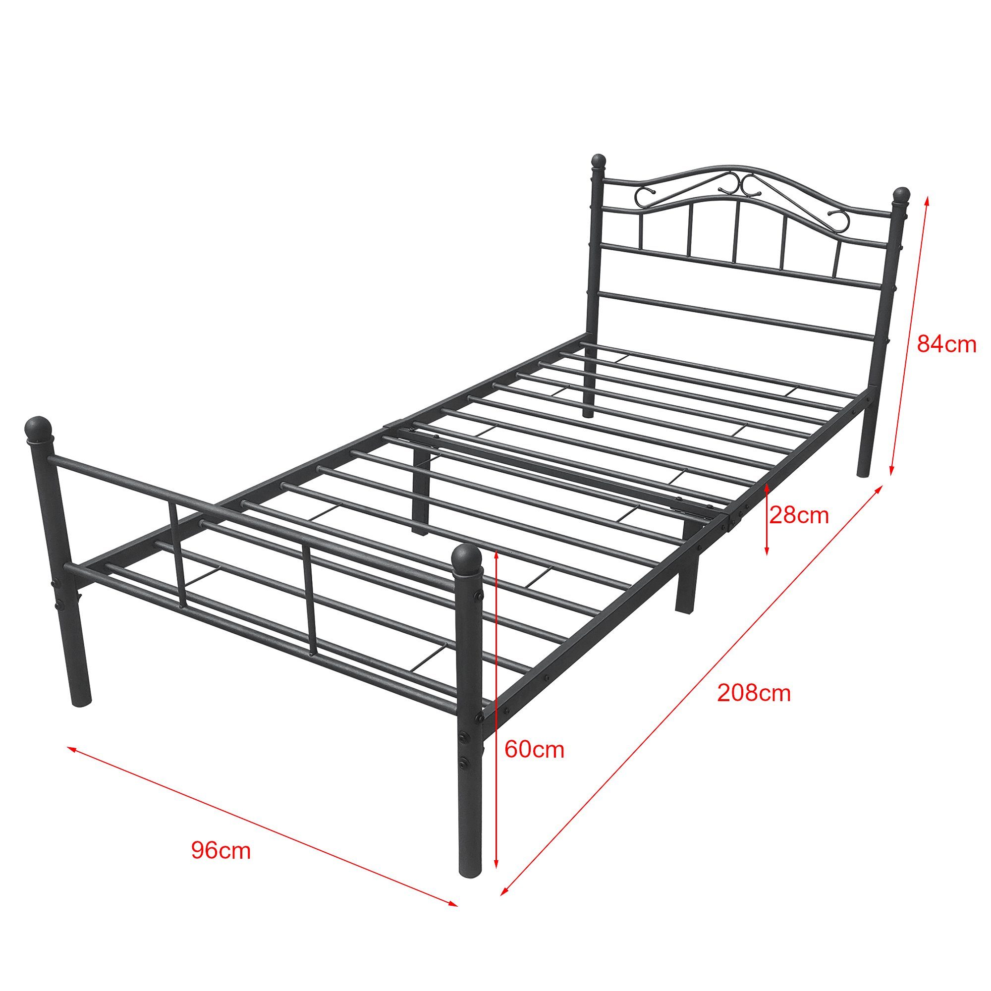 en.casa Metallbett, Damur - schwarz - 90x200cm - mit geschwungenem Kopfteil