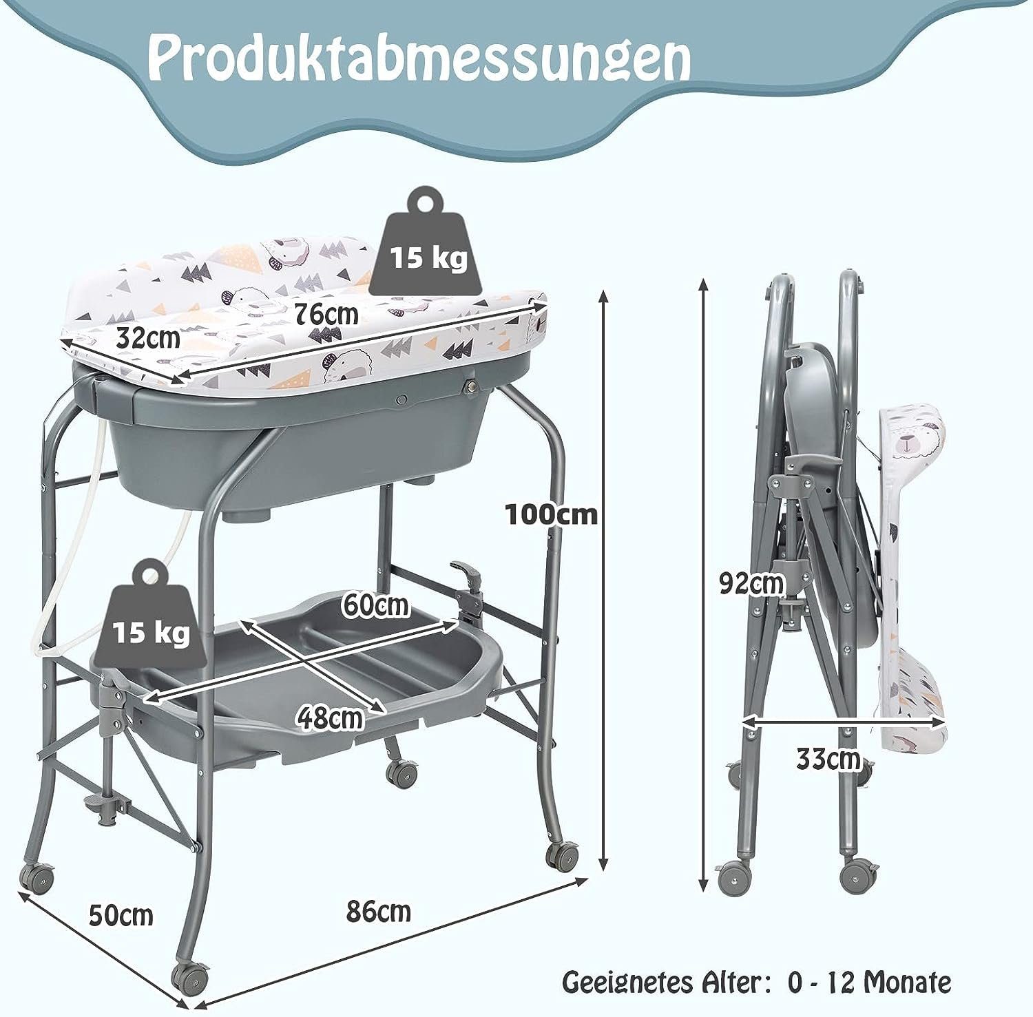KOMFOTTEU Badewanne Baby-Badetisch, mit Rollen aus PP, für 0-12 Monaten