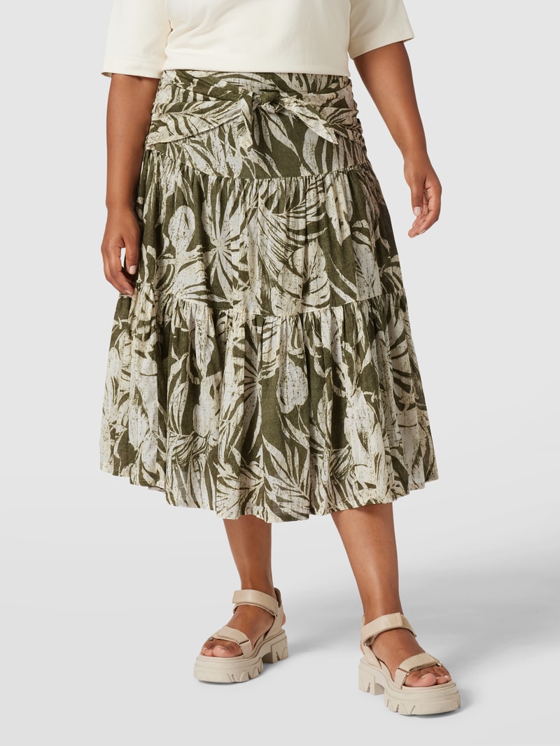 PLUS SIZE Midirock mit floralem Muster in olivgrün