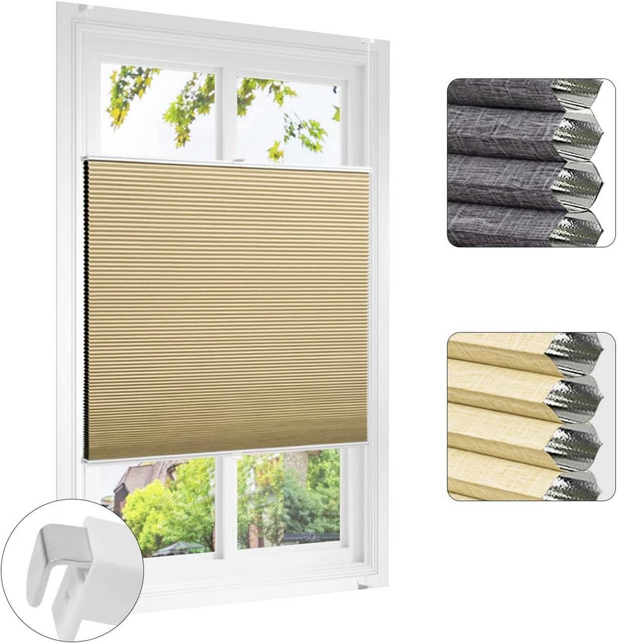 Wabenplissee, EUGAD, verdunkelnd, verspannt, Klemmfix, Beige-Weiß
