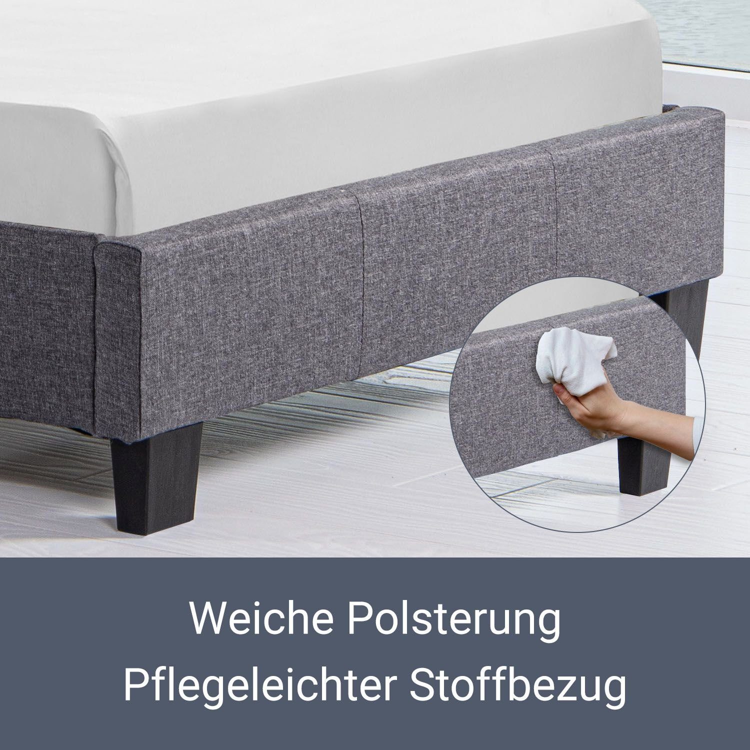 Juskys Polsterbett Verona, 90x200 cm, LED-Licht, weiches Kopfteil, inkl. Kaltschaummatratze