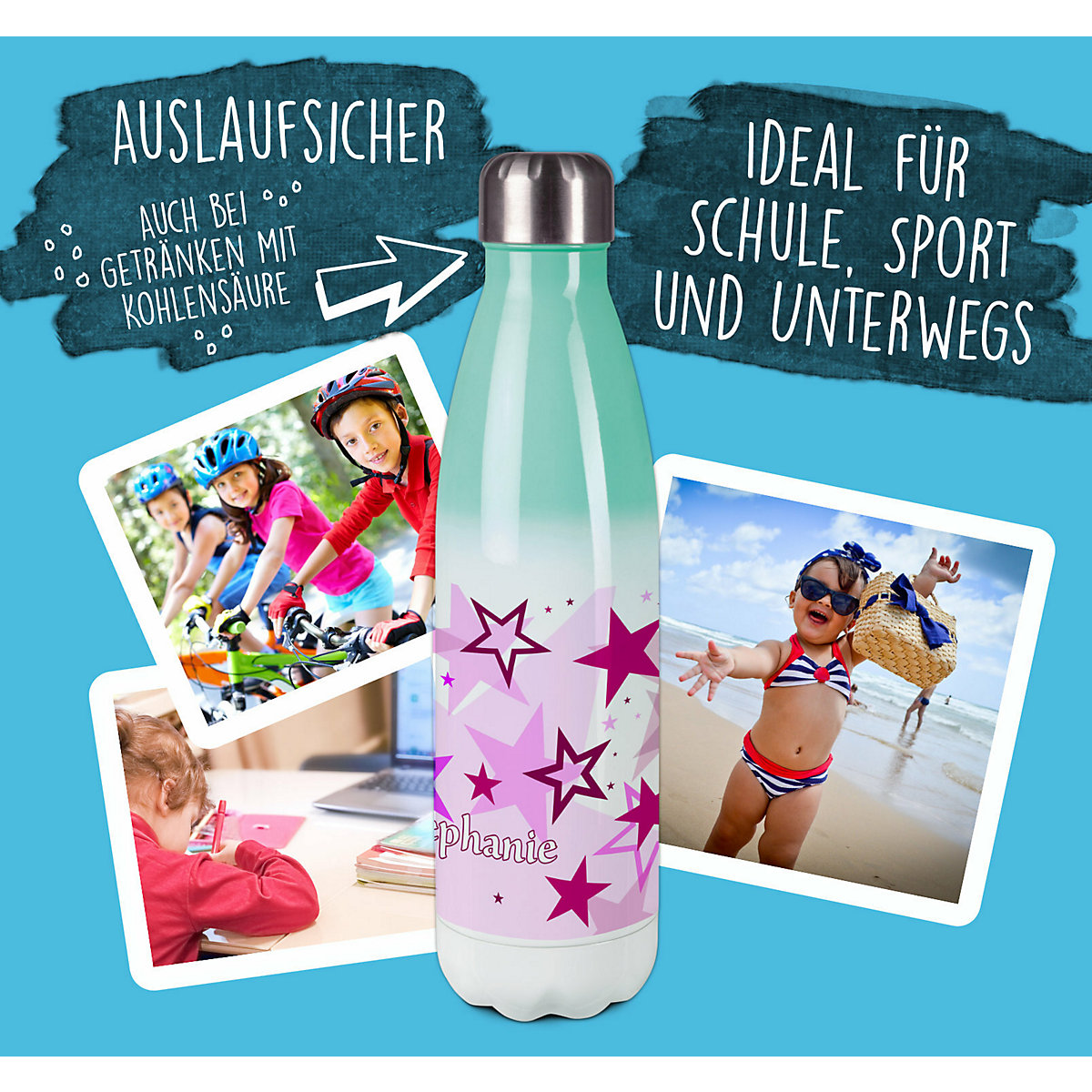 Edelstahl Kinder Thermoflasche / Trinkflasche bunt Sternenhimmel Farbe rosa Spülmaschinenfest, Auslaufsicher, Bruchfest, Doppelwandig, Für Heißgetränke geeignet, Mit Deckel, Isoliert