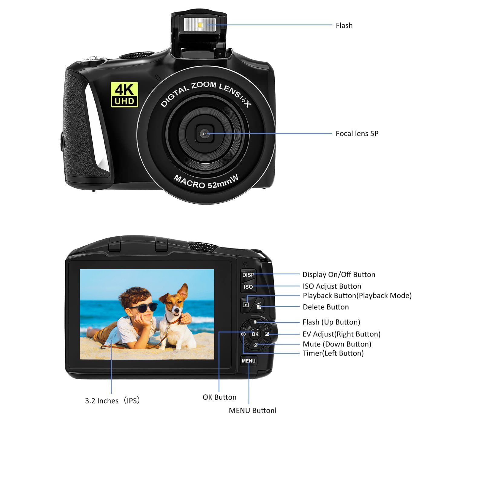 Fine Life Pro Digitalkamera 4K, 48MP Fotokamera mit 3.0