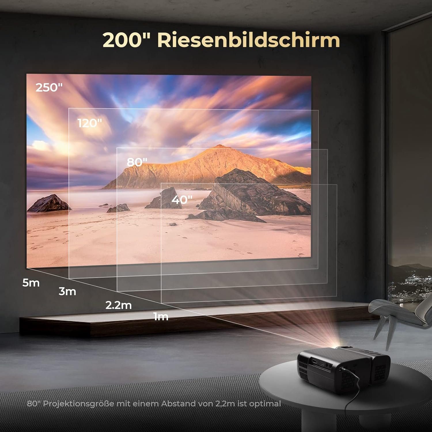 Vigpil Beamer (9000 lm, 8000:1, 1920 x 1080 px, LED Mini Beamer Bluetooth 250” Display, Klein Tragbarer Kurzdistanz)