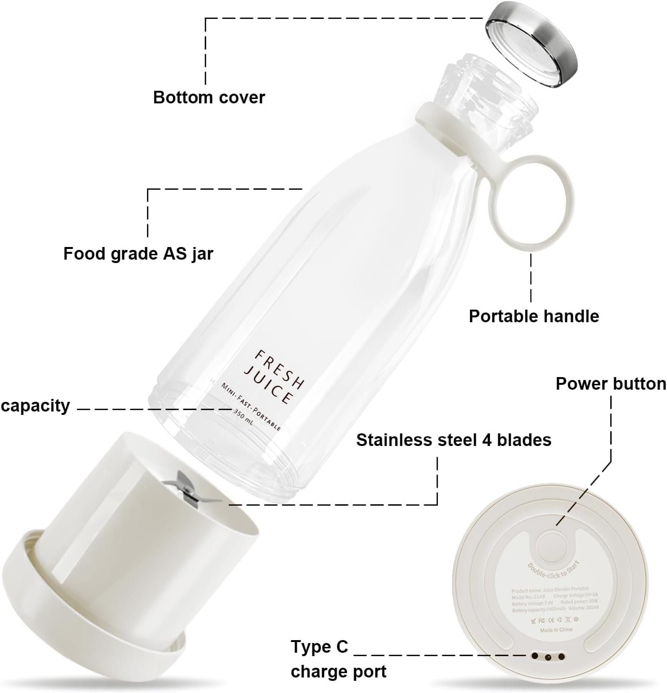 Blusmart Akku-Smoothie-Maker 420ml Mini-Mixer, frischer Saft, kleiner Mixer USB, Doppelklicken Sie, um den tragbaren kleinen Saftbecher zu öffnen